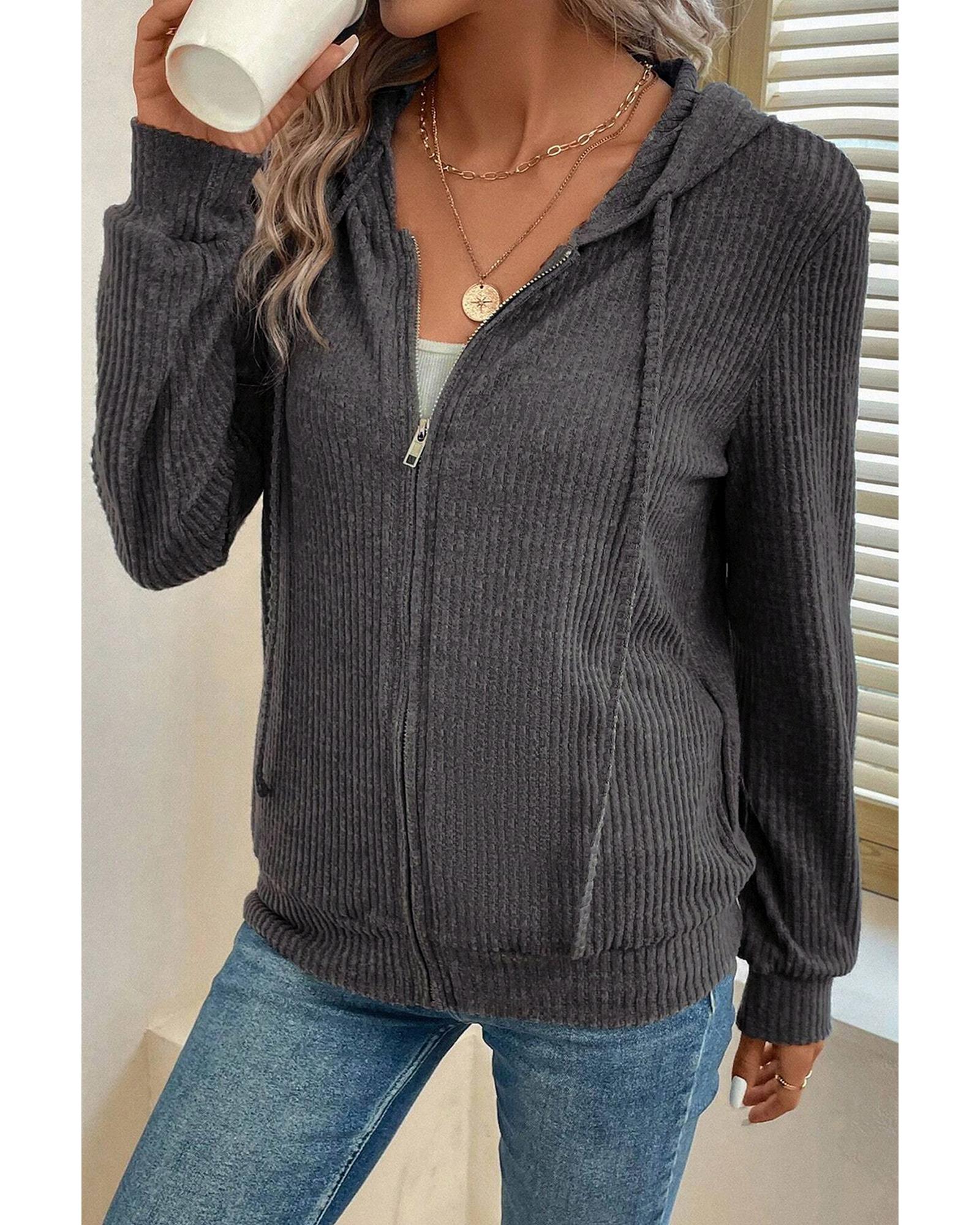 V539-AZEXDC25315830-P2011-L-202508300525-00 Dark Grey Ribbed Zip Up Front Drawstring Hoodie - L - Image 1