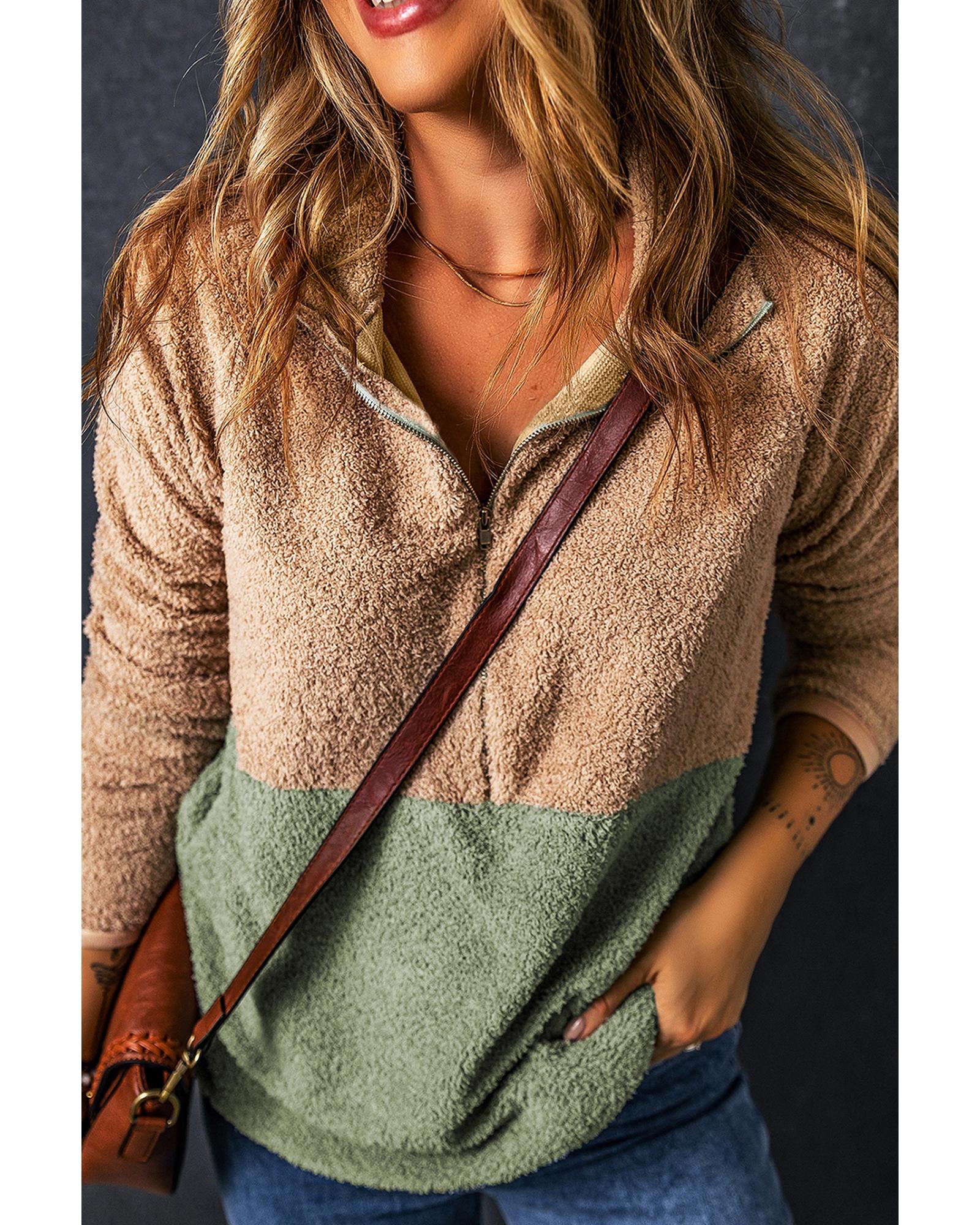 V539-AZEXDC25315911-P7016-M-202508290105-00 Smoke Gray Two Tones Color Block Half Zip Fleece Sweatshirt - M - Image 1