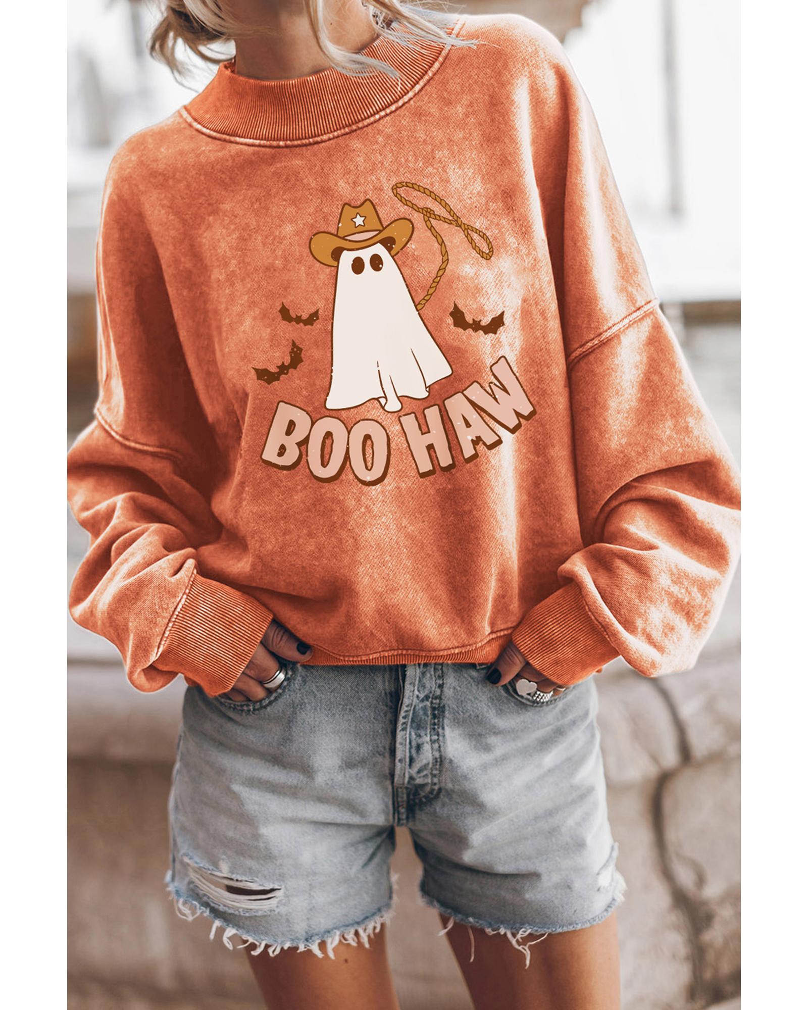 V539-AZEXDC25315929-14-2XL-202508300115-00 Orange BOO HAW Ghost Halloween Print Drop Sleeve Sweatshirt - 2XL - Image 1