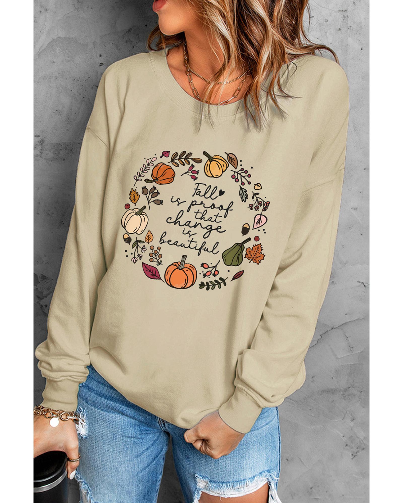 V539-AZEXDC25315940-16-XL-202508282145-00 Khaki Fall Vibe Pumpkin Print Round Neck Sweatshirt - XL - Image 1