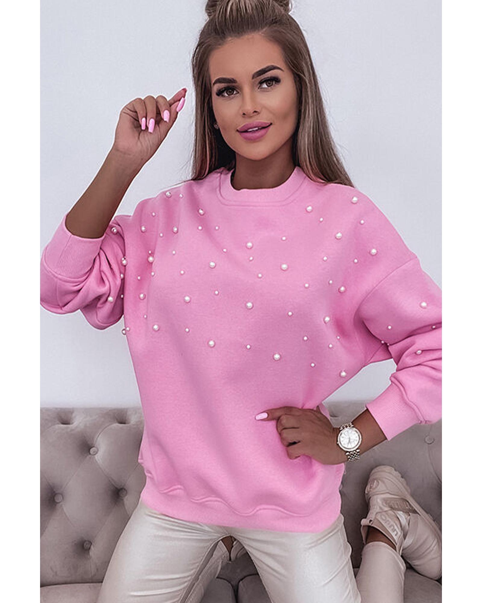V539-AZEXDC25316075-P3010-L-202508300115-00 Bonbon Pearl Detail Ribbed Crew Neck Sweatshirt - L - Image 1