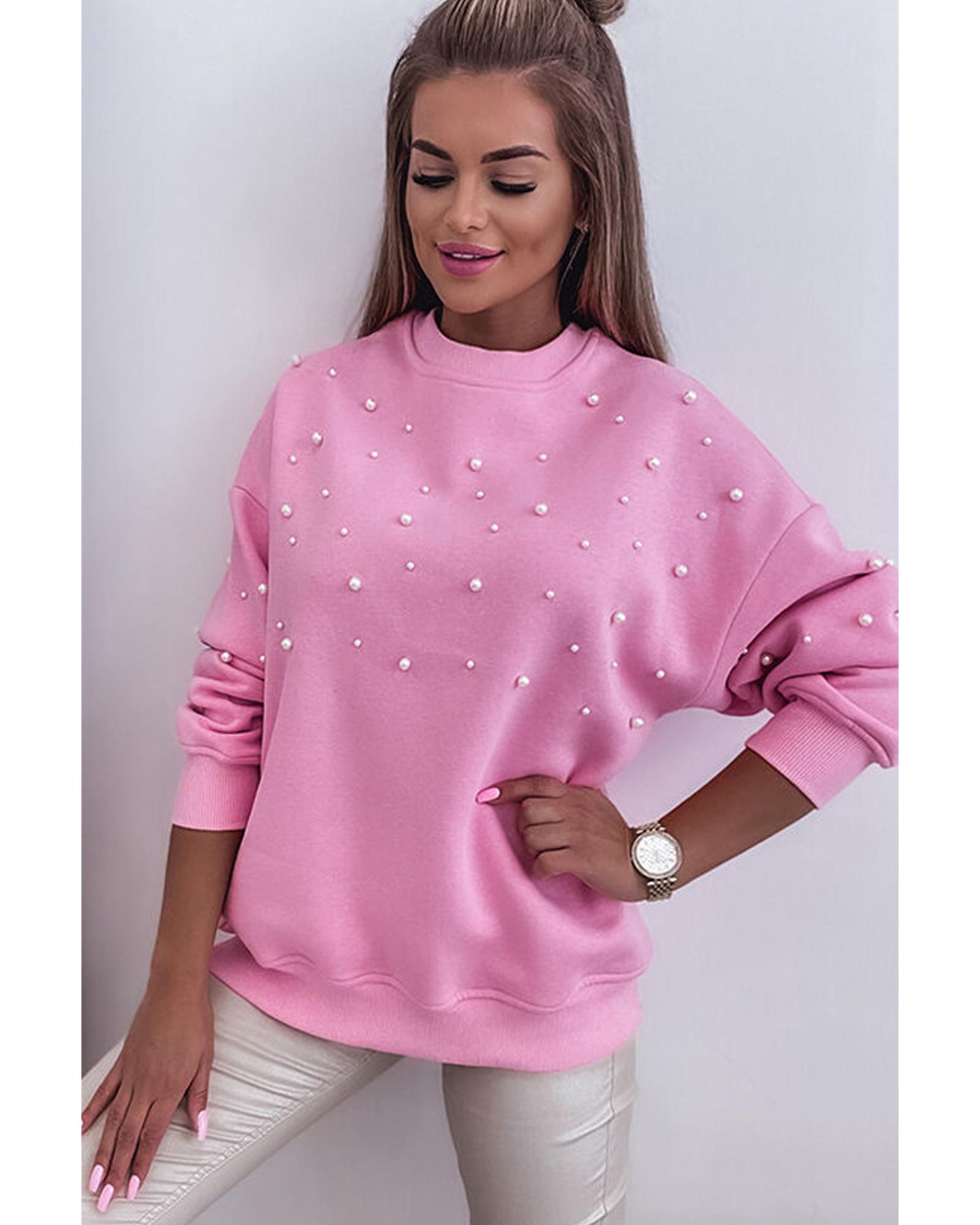 V539-AZEXDC25316075-P3010-M-202508300415-00 Bonbon Pearl Detail Ribbed Crew Neck Sweatshirt - M - Image 1