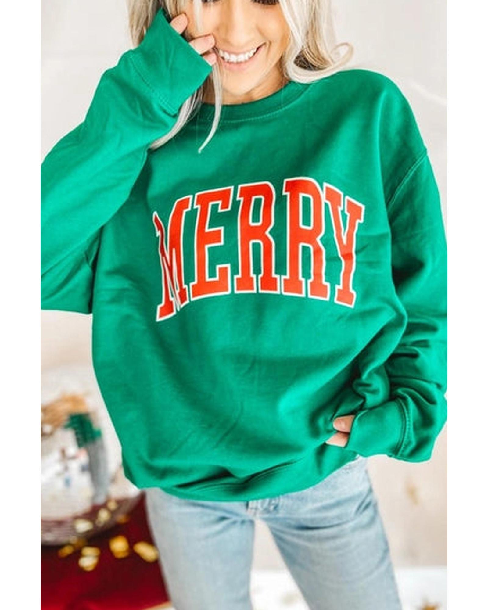 V539-AZEXDC25316132-P109-S-202506122211-00 Bright Green MERRY Graphic Pullover Sweatshirt - S - Image 1