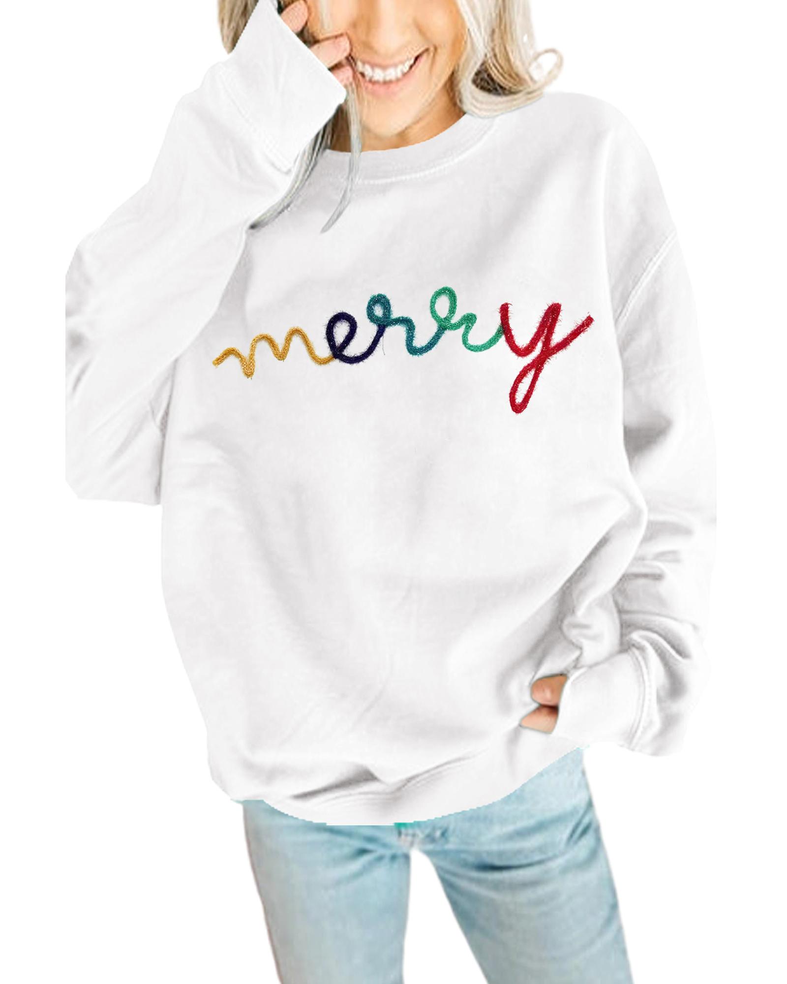 V539-AZEXDC25316132-P122-L-202508292110-00 White MERRY Graphic Pullover Sweatshirt - L - Image 1