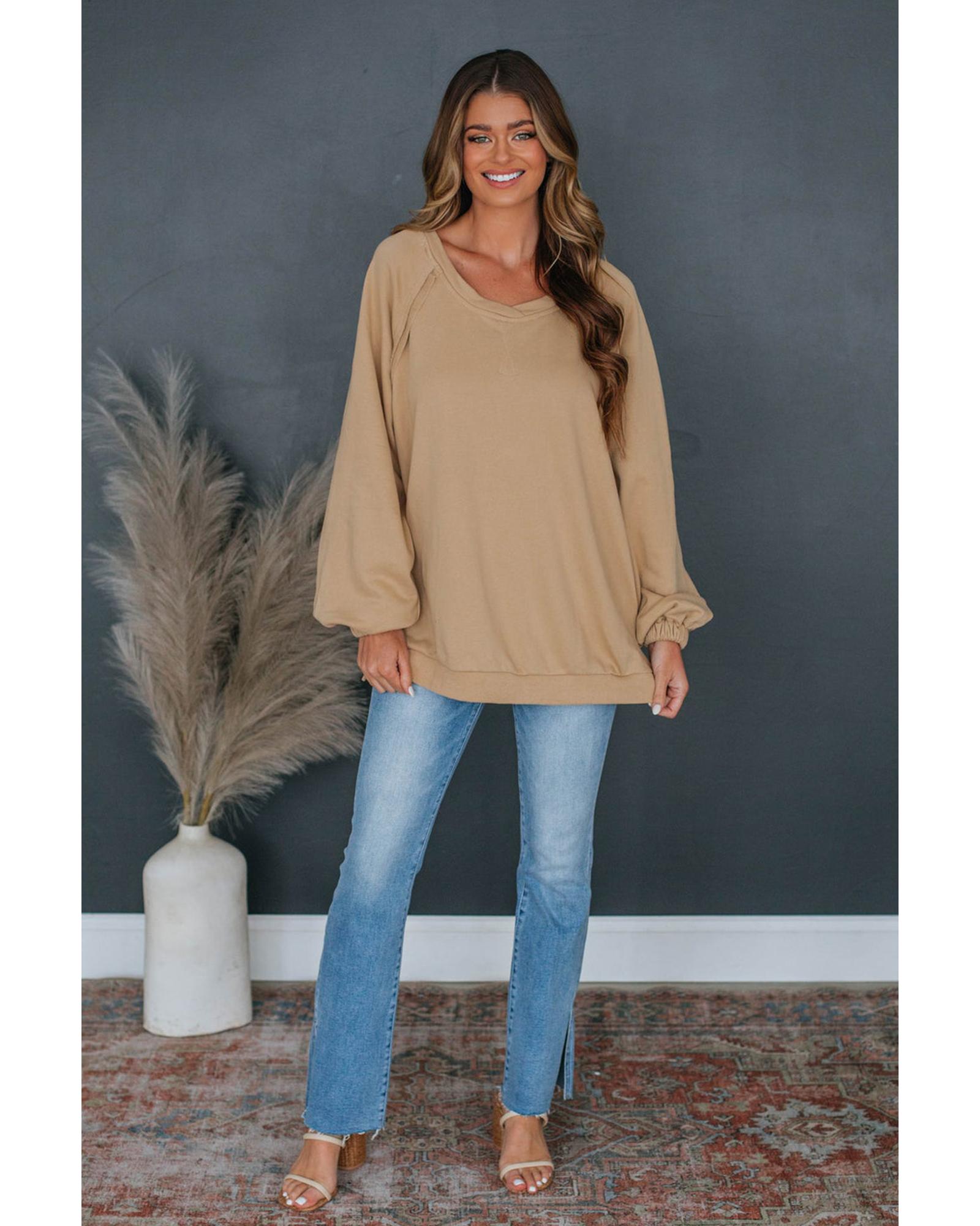 V539-AZEXDC25316174-P4016-XL-202508290135-00 Light French Beige Solid Color Lattice Hollow Out Back Sweatshirt - XL - Image 1