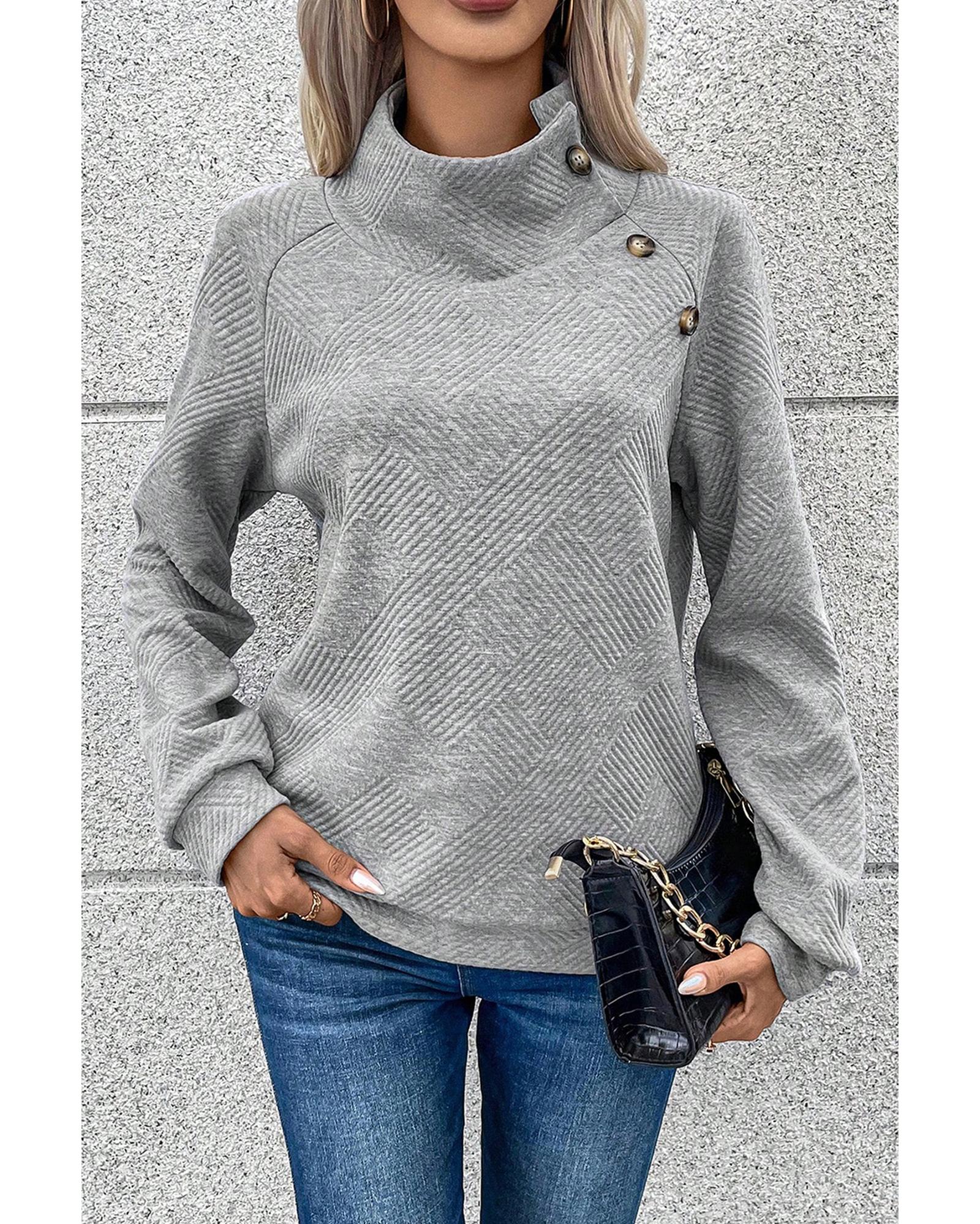 V539-AZEXDC25316230-P11-XL-202508280430-00 Gray Asymmetric Buttons Detail High Neck Textured Sweatshirt - XL - Image 1