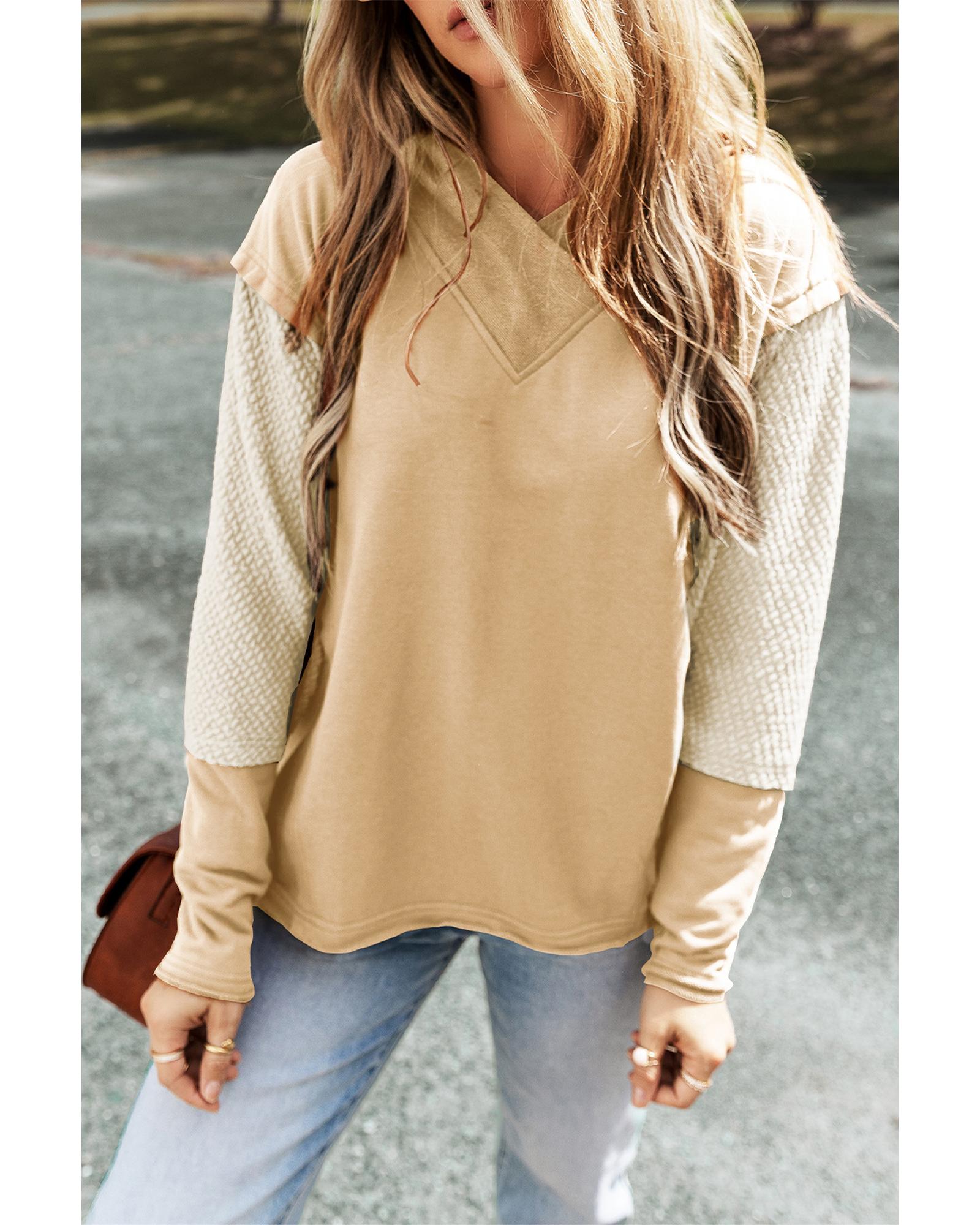 V539-AZEXDC25316258-P6016-L-202506122317-00 Parchment Contrast Sleeves Patchwork Colorblock Hoodie - L - Image 1