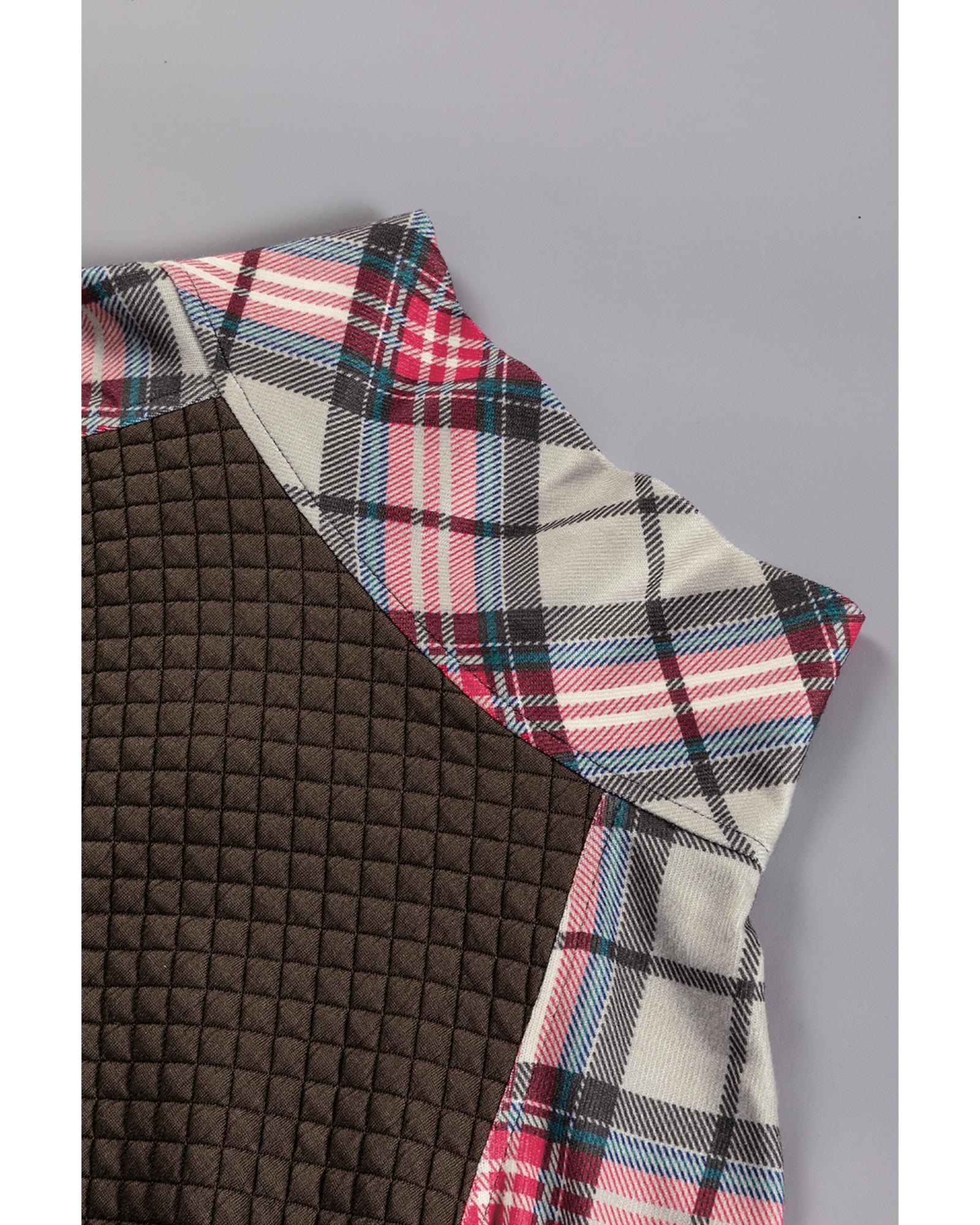 V539-AZEXDC25316346-P1620-S-202506122336-00 Khaki Printed Plaid Sleeve Patchwork Collared Textured Sweatshirt - S - Image 1