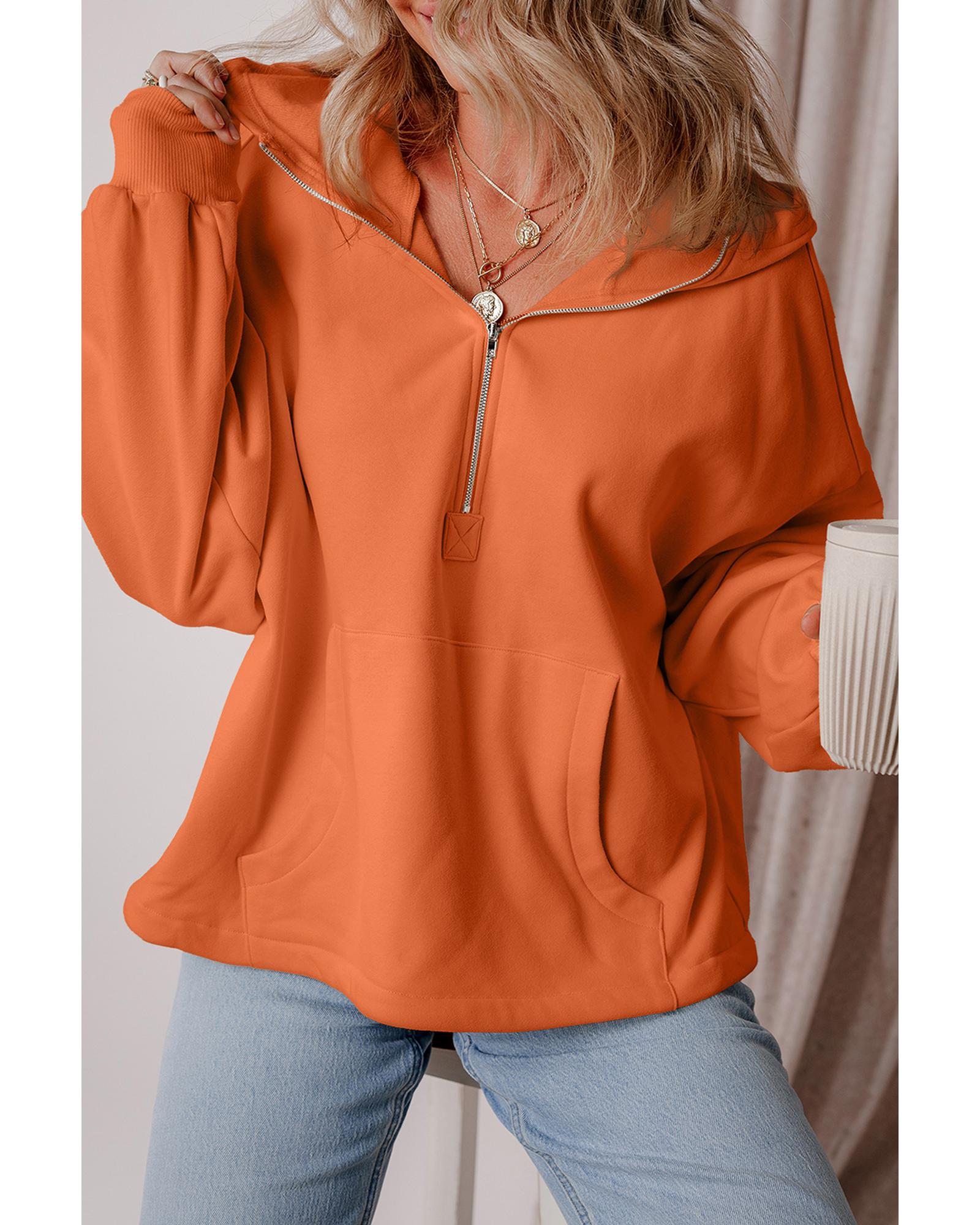V539-AZEXDC25316626-P14-2XL-202508272340-00 Orange Fleece Lined Half Zipper Kangaroo Pockets Loose Hoodie - 2XL - Image 1