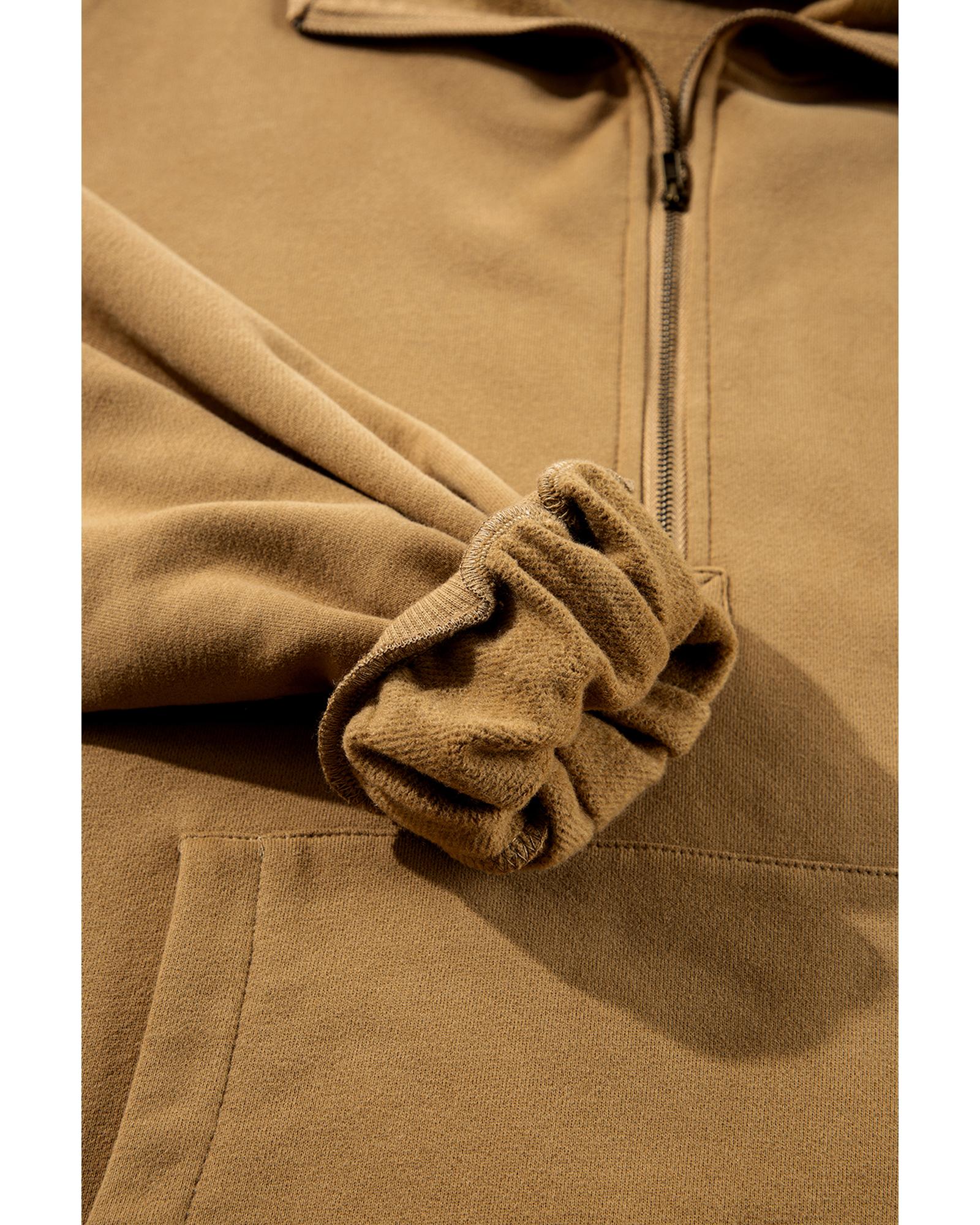 V539-AZEXDC25316626-P17-L-202508271730-00 Brown Fleece Lined Half Zipper Kangaroo Pockets Loose Hoodie - L - Image 1