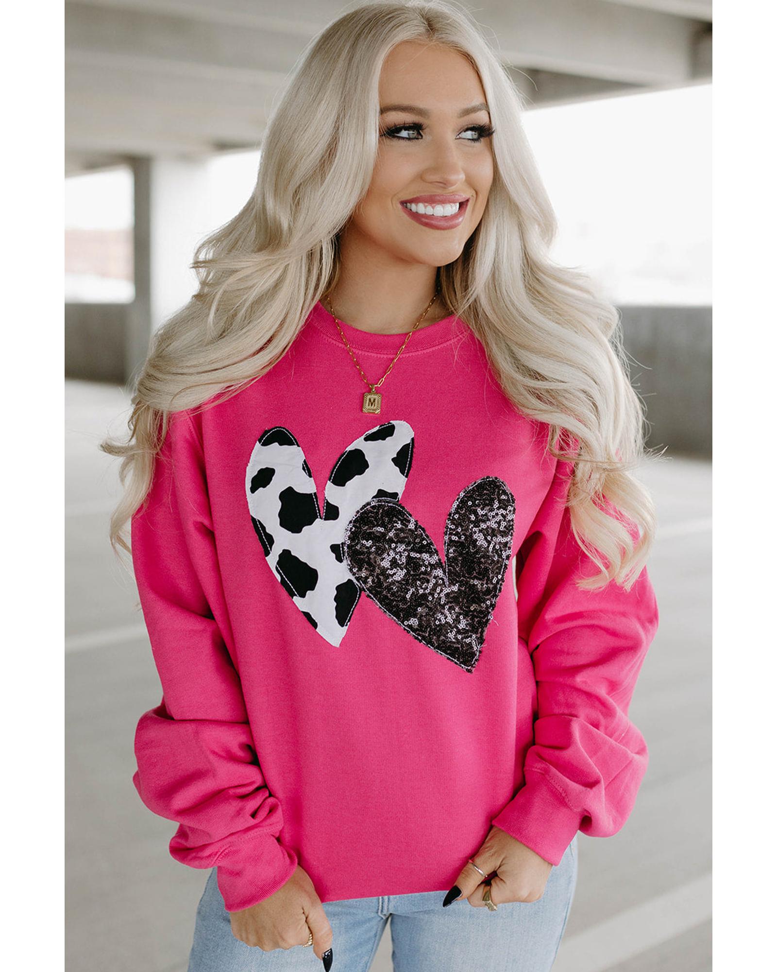 V539-AZEXDC25316769-P306-S-202506130717-00 Strawberry Pink Cow & Sequin Double Heart Patch Graphic Sweatshirt - S - Image 1