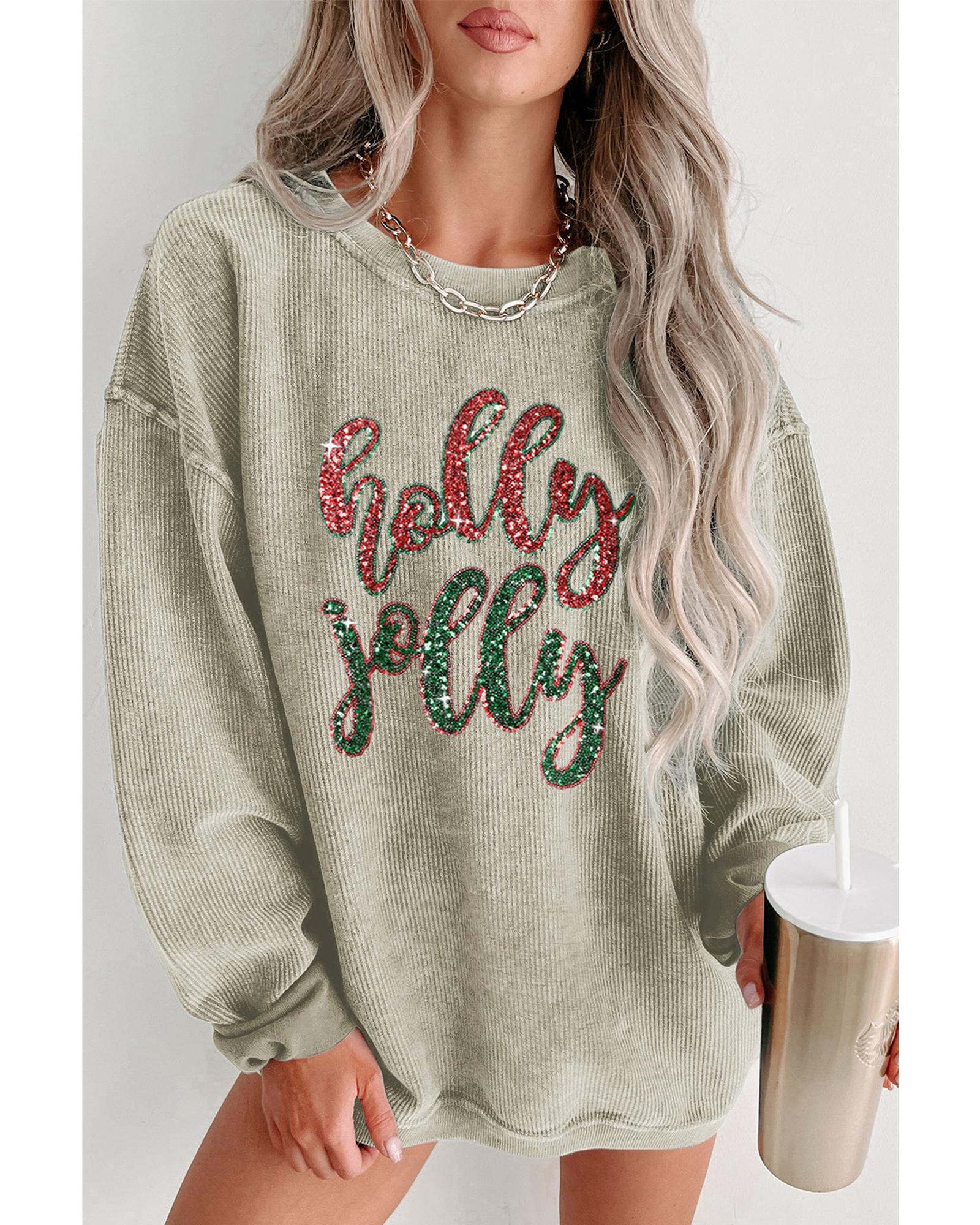 V539-AZEXDC25316789-9-S-202506130722-00 Green Sequined holly jolly Graphic Corded Sweatshirt - S - Image 1