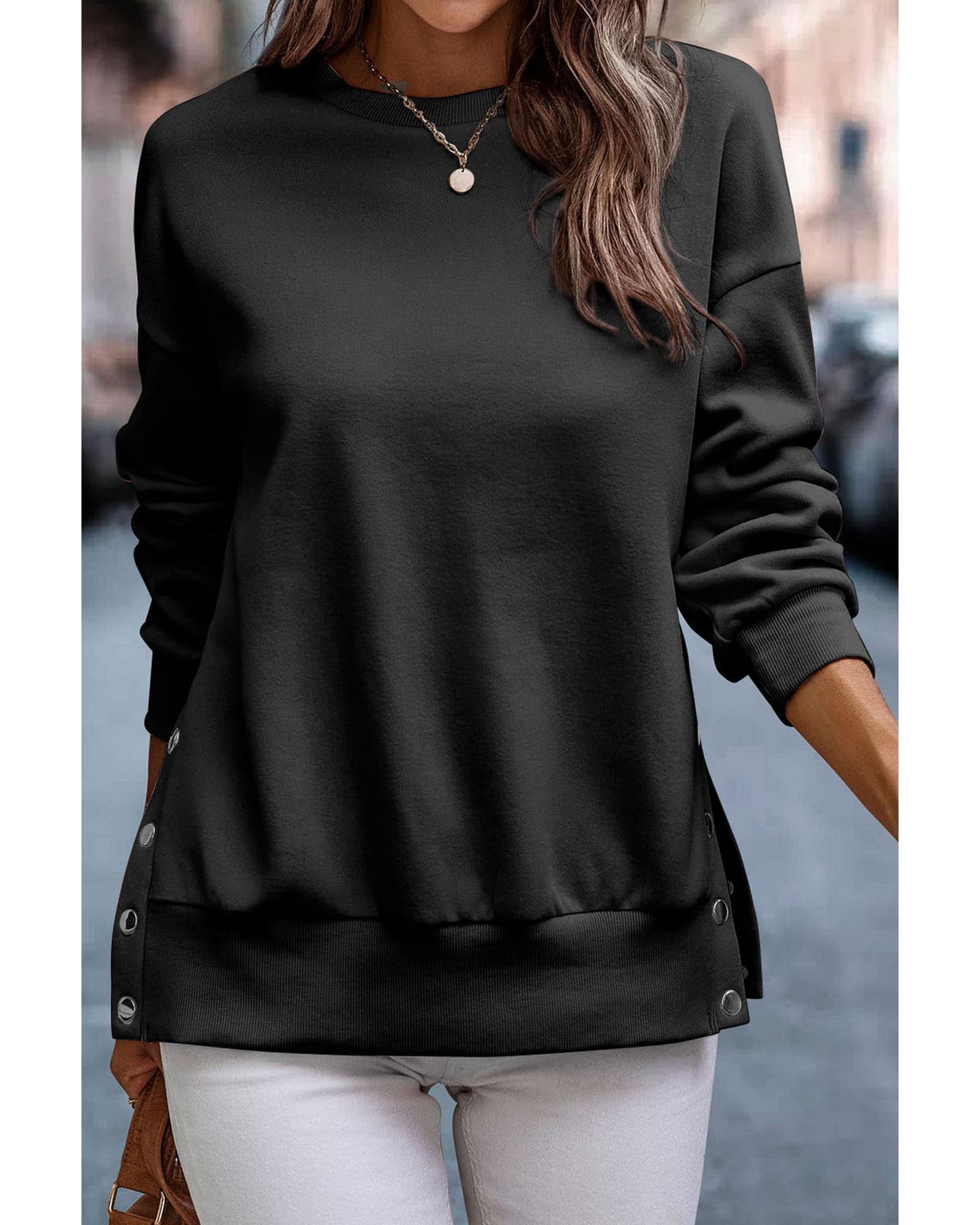 V539-AZEXDC25316883-P2-2XL-202508281325-00 Black Snap Buttons Side Splits Pullover Sweatshirt - 2XL - Image 1