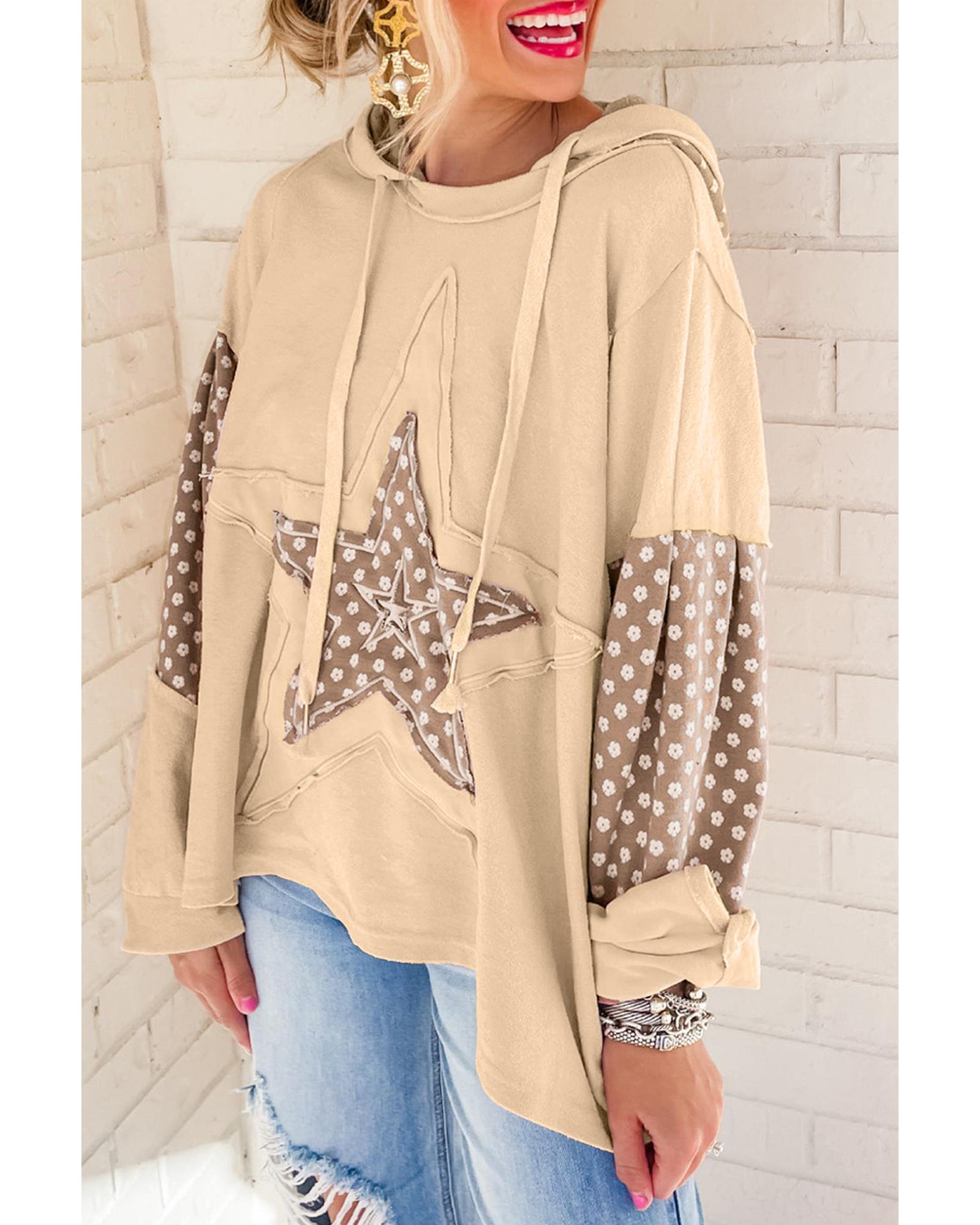 V539-AZEXDC25316979-P18-L-202508282230-00 Apricot Floral Patchwork Star Pattern Drawstring Hoodie - L - Image 1