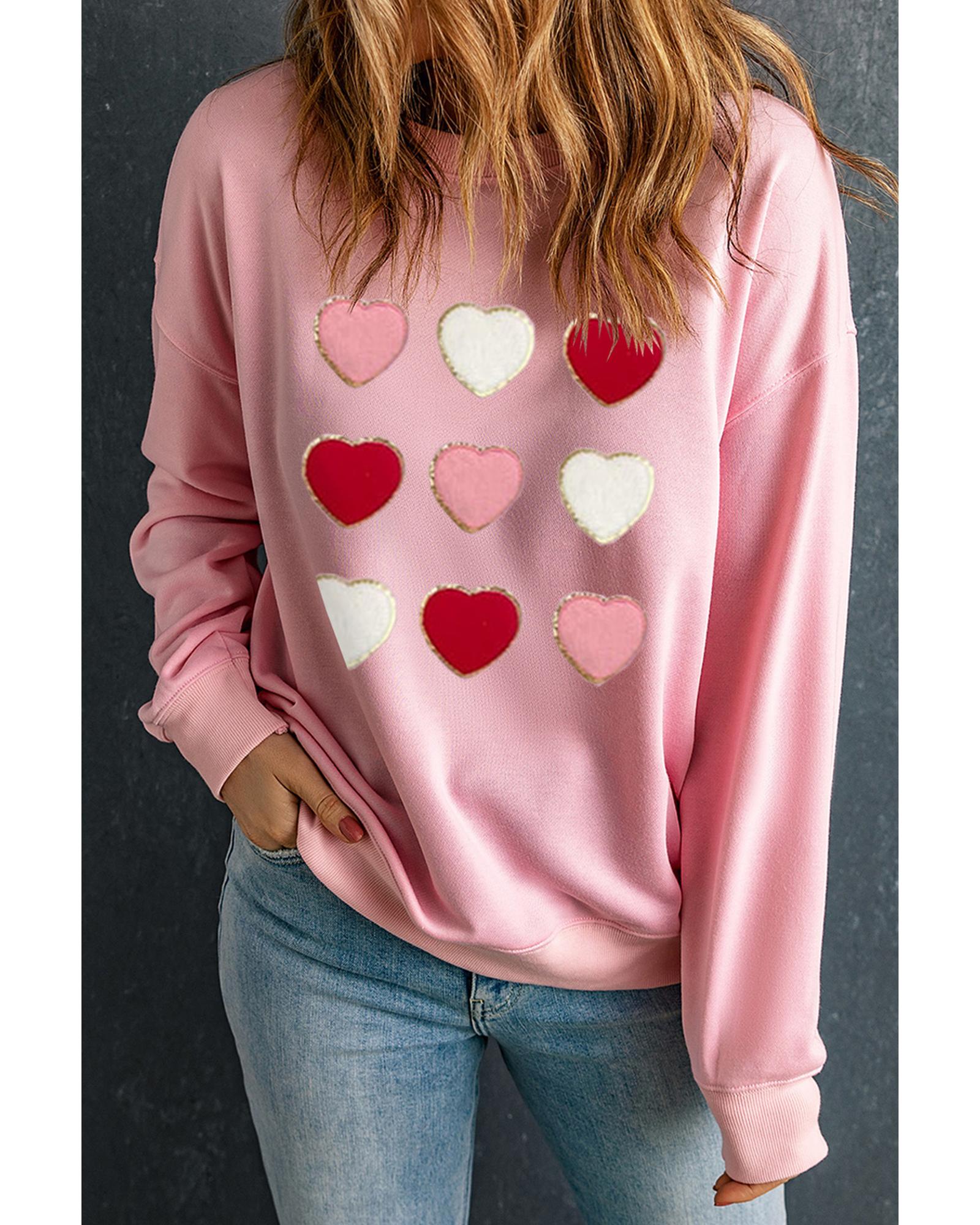 V539-AZEXDC25317072-10-L-202508280715-00 Pink Glitter Chenille Heart Patch Valentines Sweatshirt - L - Image 1