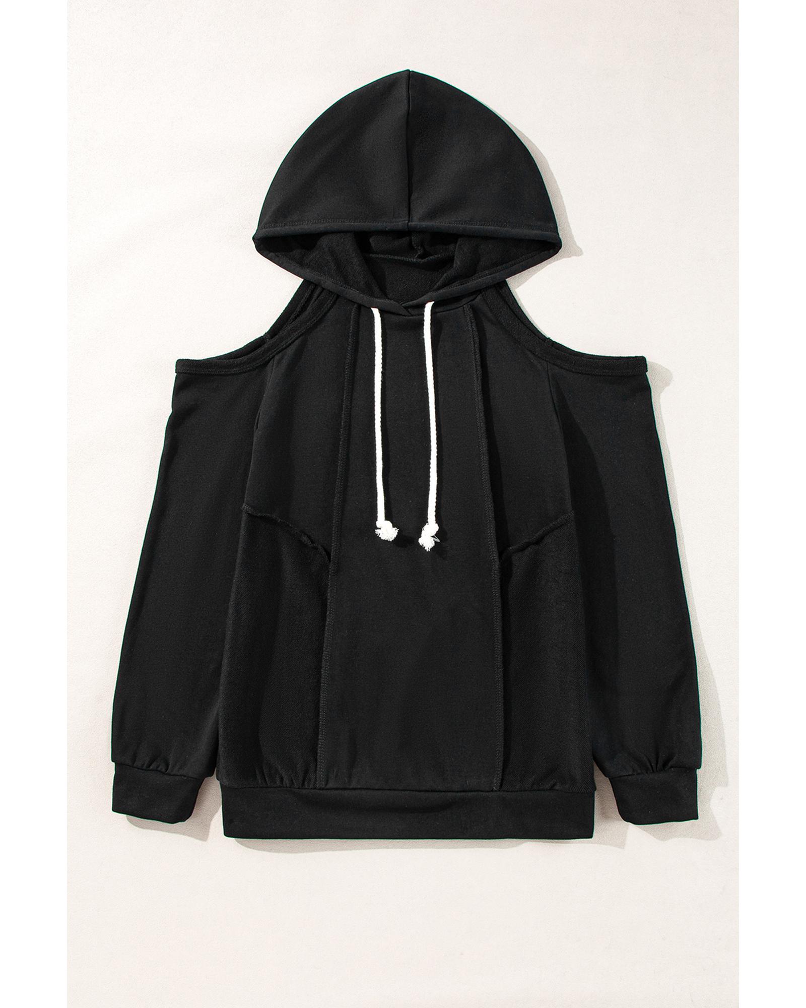 V539-AZEXDC25317116-P2-L-202508280335-00 Black Exposed Seam Cold Shoulder Drawstring Hoodie - L - Image 1