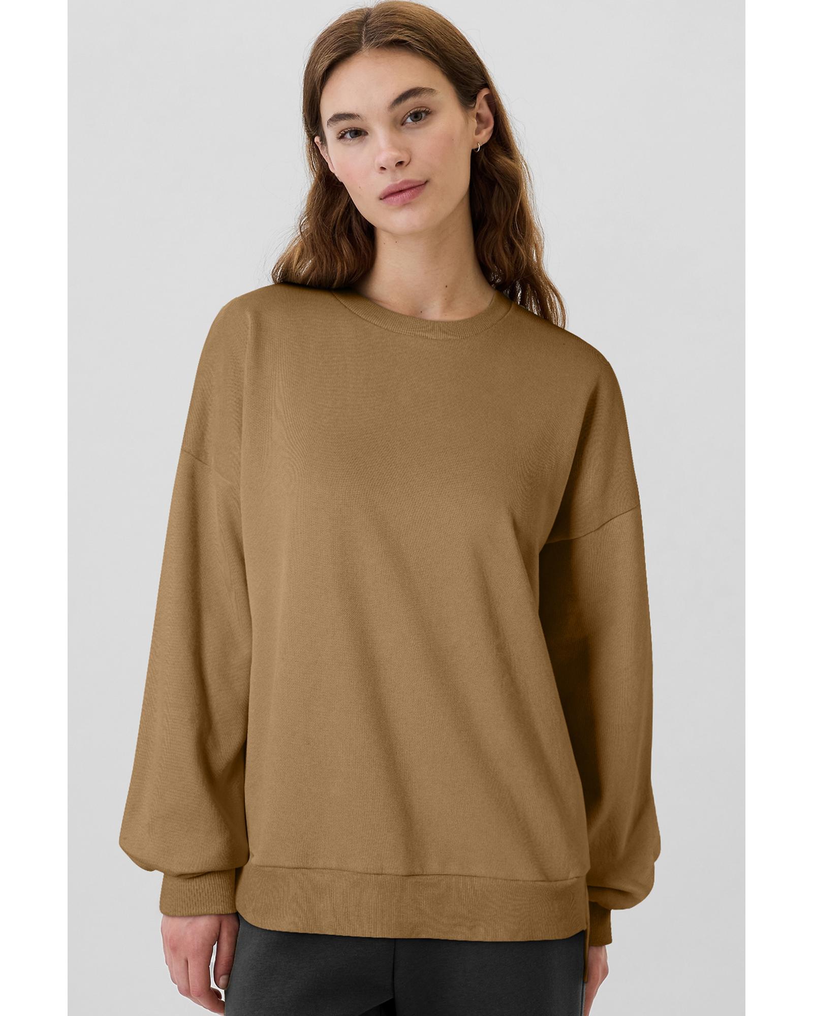 V539-AZEXDC25317234-P1016-2XL-202508291620-00 Camel Solid Fleece Lined Drop Shoulder High Low Sweatshirt - 2XL - Image 1