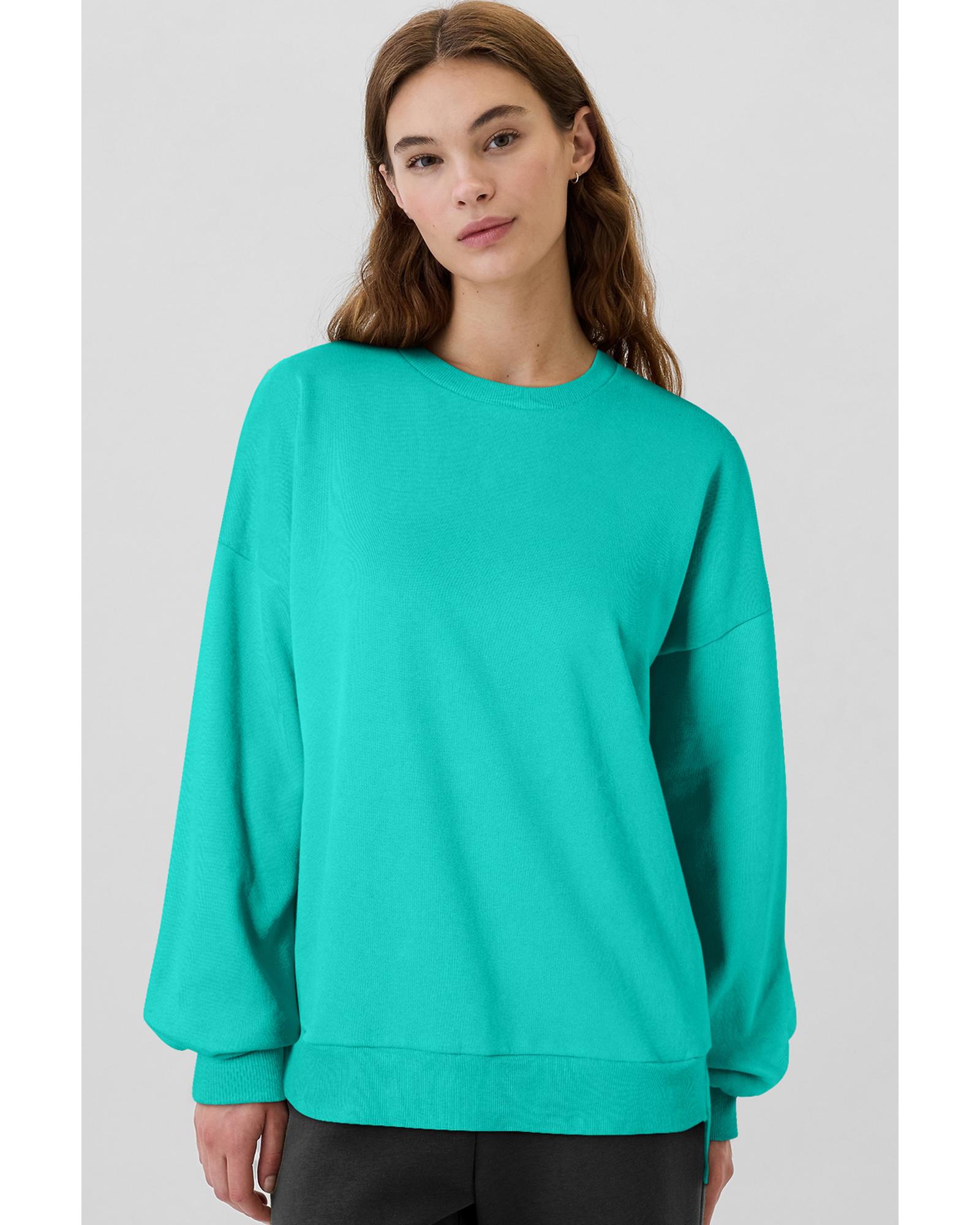 V539-AZEXDC25317234-P409-S-202506130507-00 Sea Green Solid Fleece Lined Drop Shoulder High Low Sweatshirt - S - Image 1
