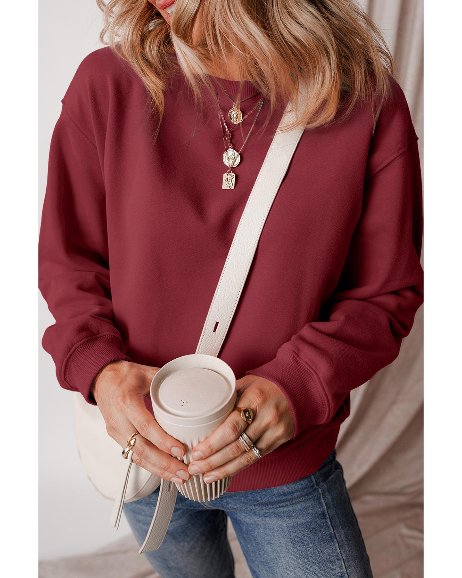 V539-AZEXDC25317289-P503-S-202506130605-00 Burgundy Solid Fleece Lined Drop Shoulder Terry Sweatshirt - S - Image 1