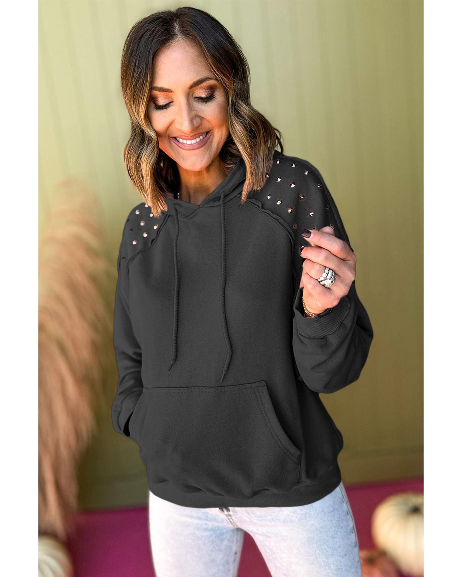 V539-AZEXDC25317332-P2-M-202508300350-00 Black Solid Color Rivet Stud Raglan Sleeve Hoodie with Pocket - M - Image 1