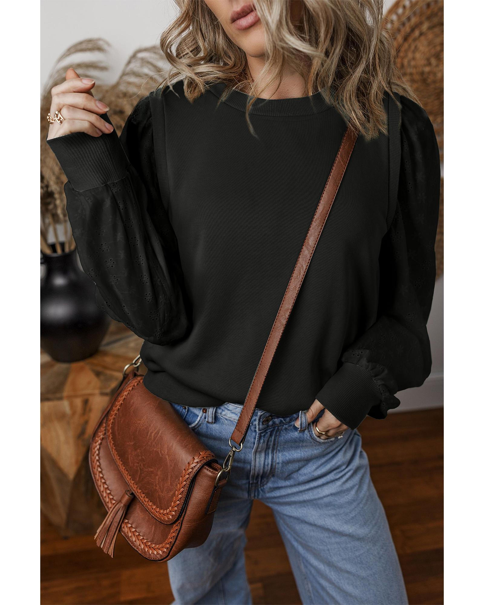 V539-AZEXDC25317344-P2-M-202508300250-00 Black Textured Patchwork Round Neck Sweatshirt - M - Image 1