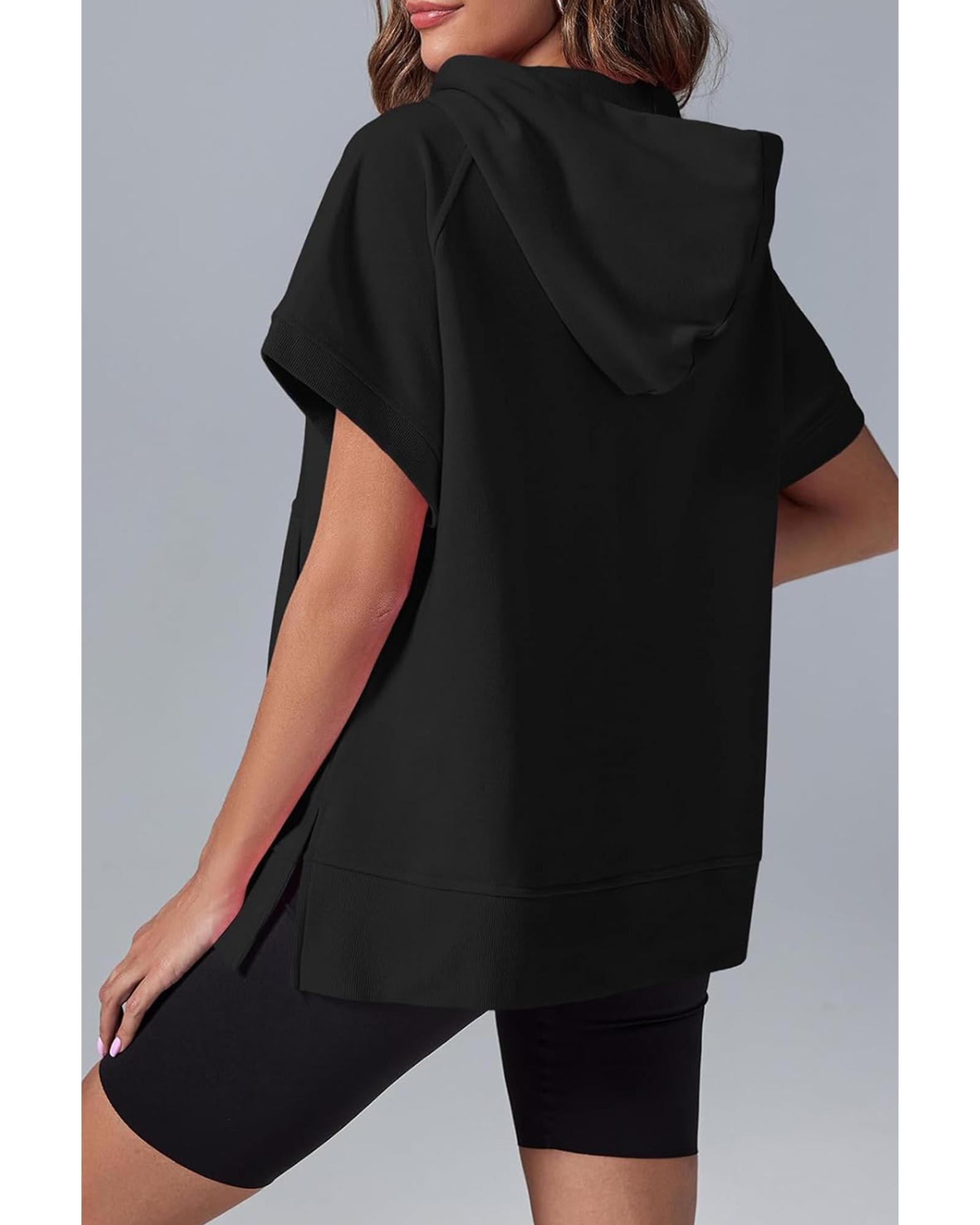 V539-AZEXDC25317361-P2-M-202508290055-00 Black Half Zipper Kangaroo Pocket Short Sleeve Hoodie - M - Image 1