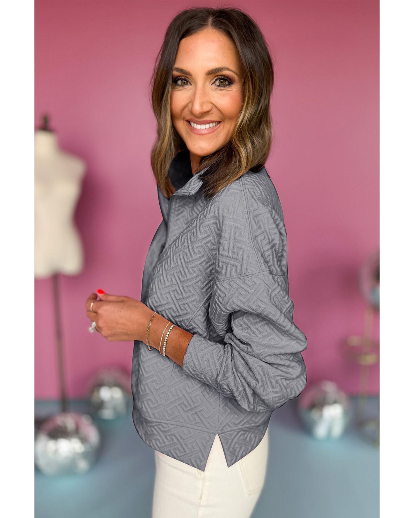 V539-AZEXDC25317399-P11-L-202508300540-00 Gray Solid Textured Half Zipper Collared Sweatshirt - L - Image 1