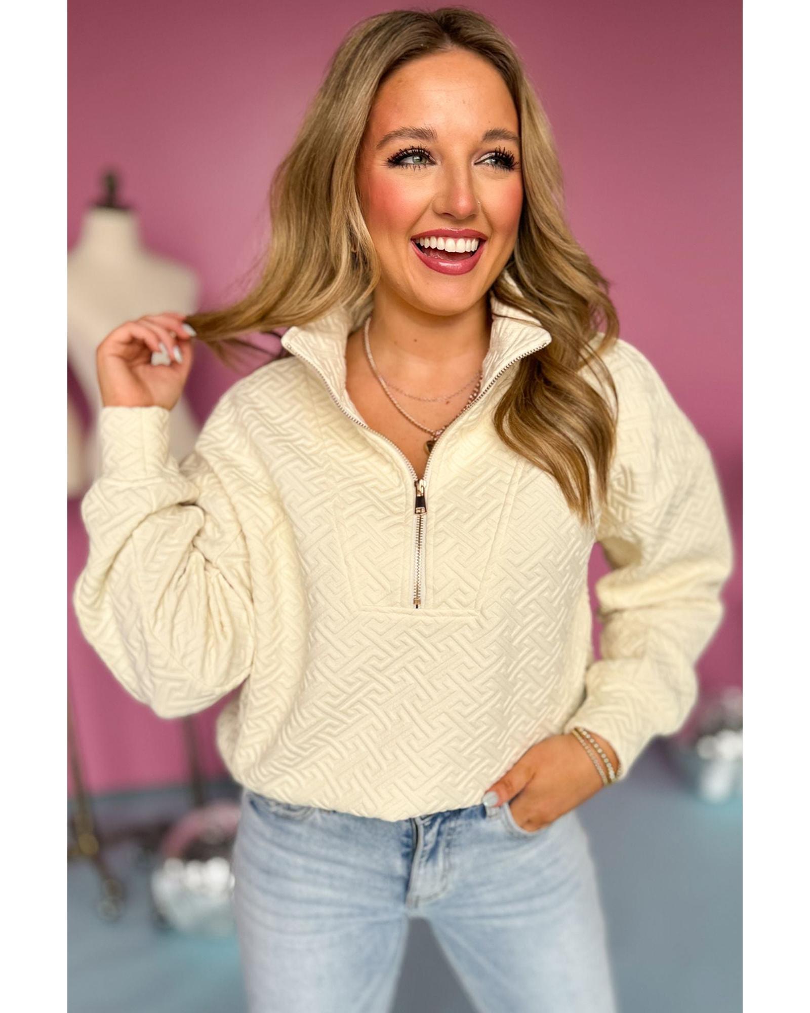 V539-AZEXDC25317399-P15-S-202506130241-00 Beige Solid Textured Half Zipper Collared Sweatshirt - S - Image 1