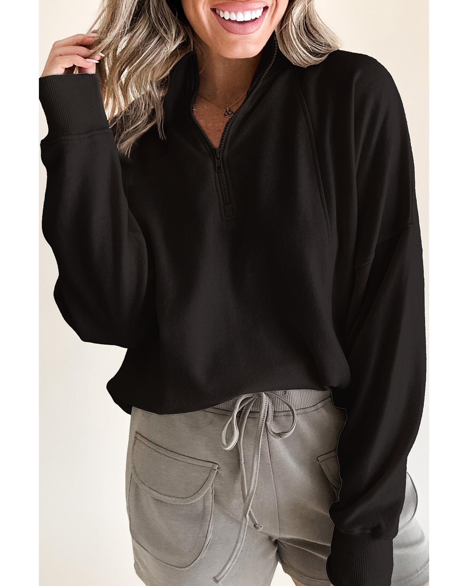 V539-AZEXDC25317408-P2-S-202506130254-00 Black Zipped Neck Pullover Drop Shoulder Sweatshirt - S - Image 1