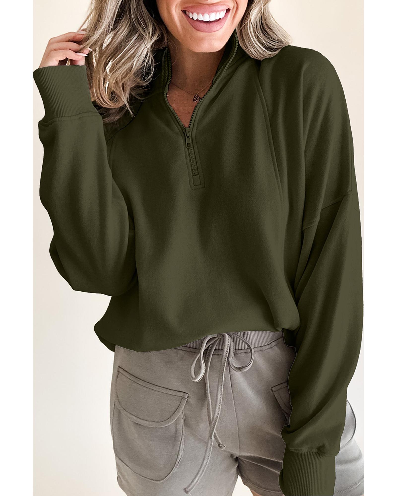 V539-AZEXDC25317408-P609-XL-202508281300-00 Jungle Green Zipped Neck Pullover Drop Shoulder Sweatshirt - XL - Image 1