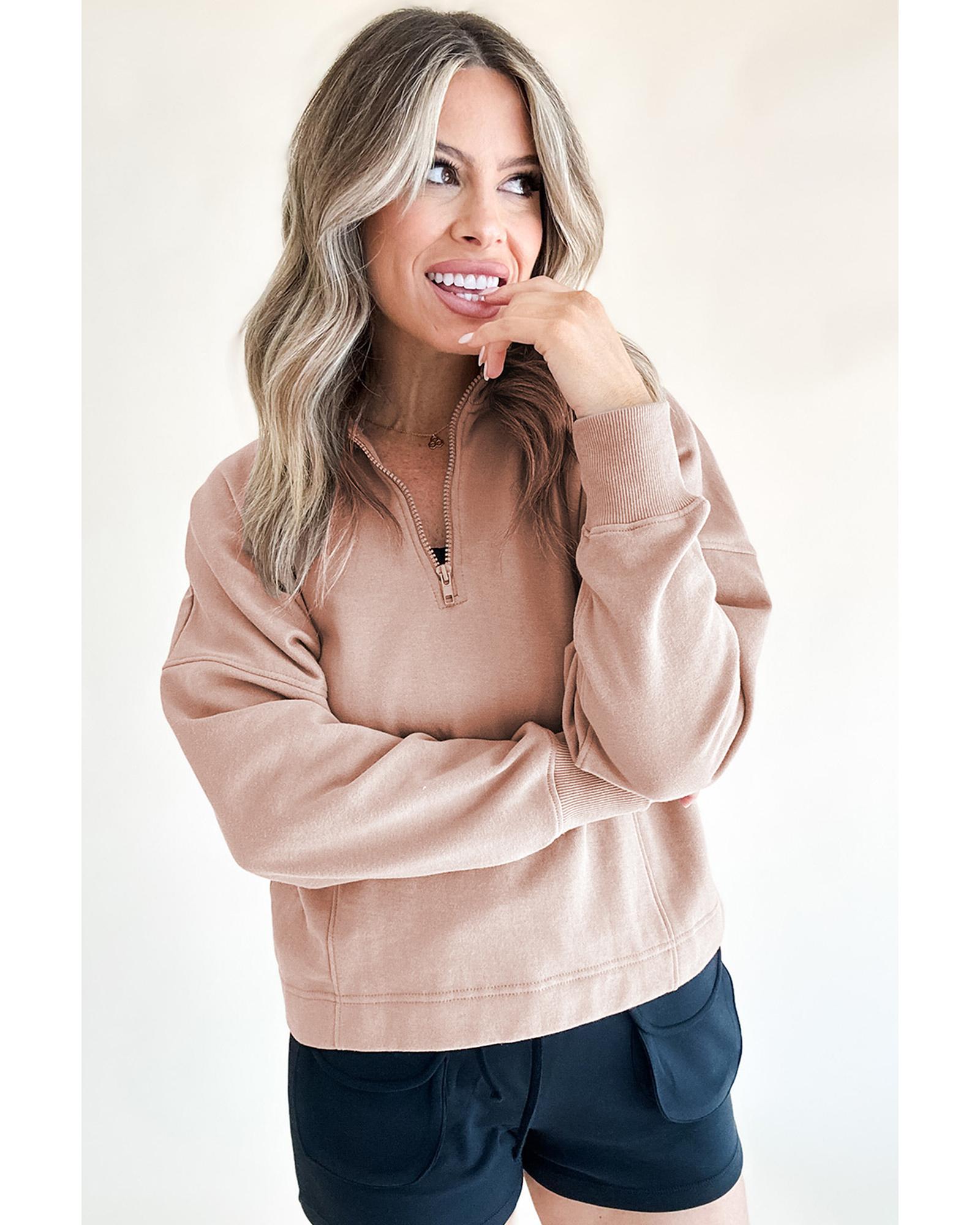 V539-AZEXDC25317408-P7016-S-202506130316-00 Smoke Gray Zipped Neck Pullover Drop Shoulder Sweatshirt - S - Image 1