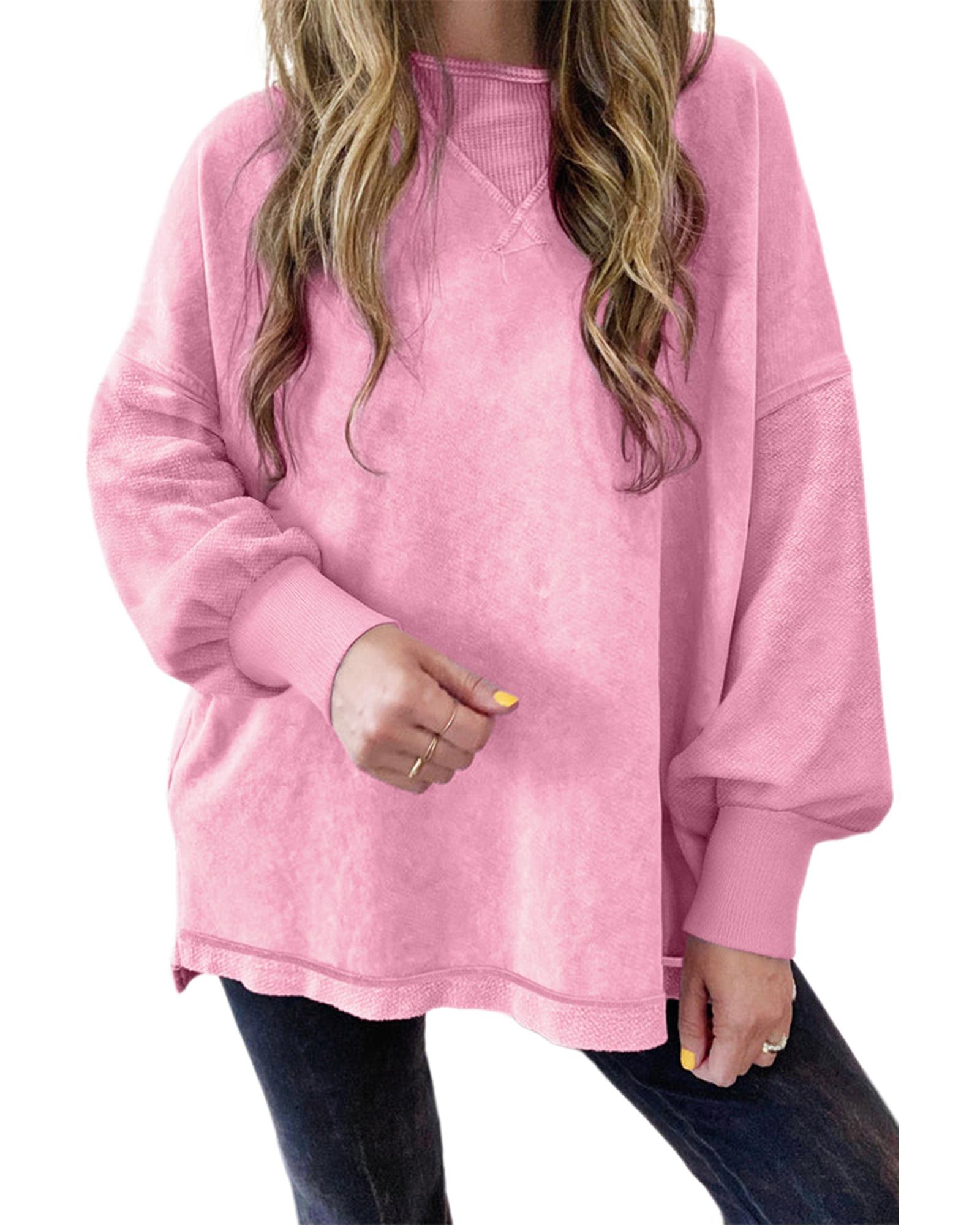 V539-AZEXDC25317475-P306-XL-202508282015-00 Strawberry Pink Mineral Wash Drop Shoulder Pullover Sweatshirt - XL - Image 1