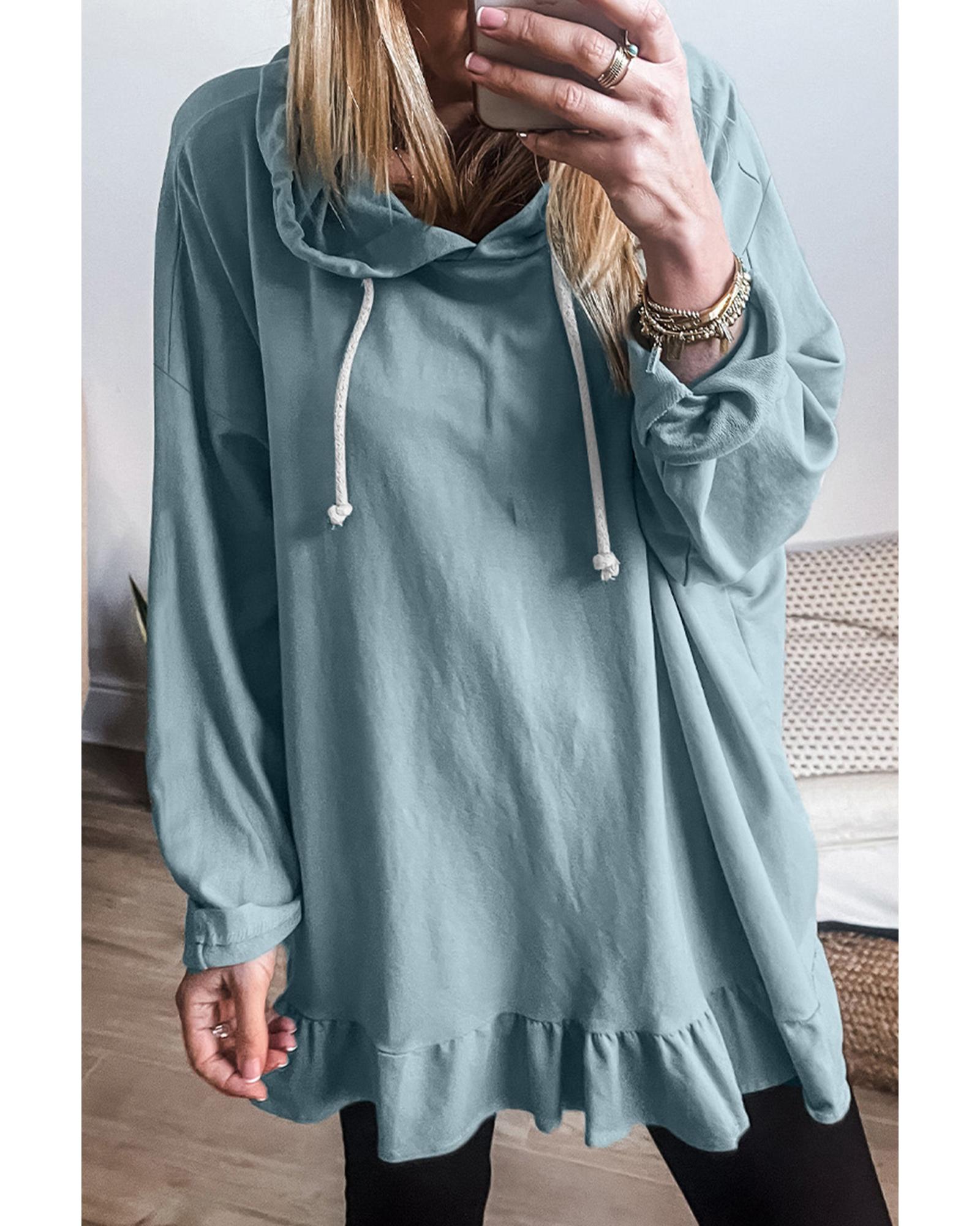 V539-AZEXDC25317506-P104-M-202508281920-00 Iceland Blue Solid Ruffled Hem Loose Fit Tunic Hoodie - M - Image 1