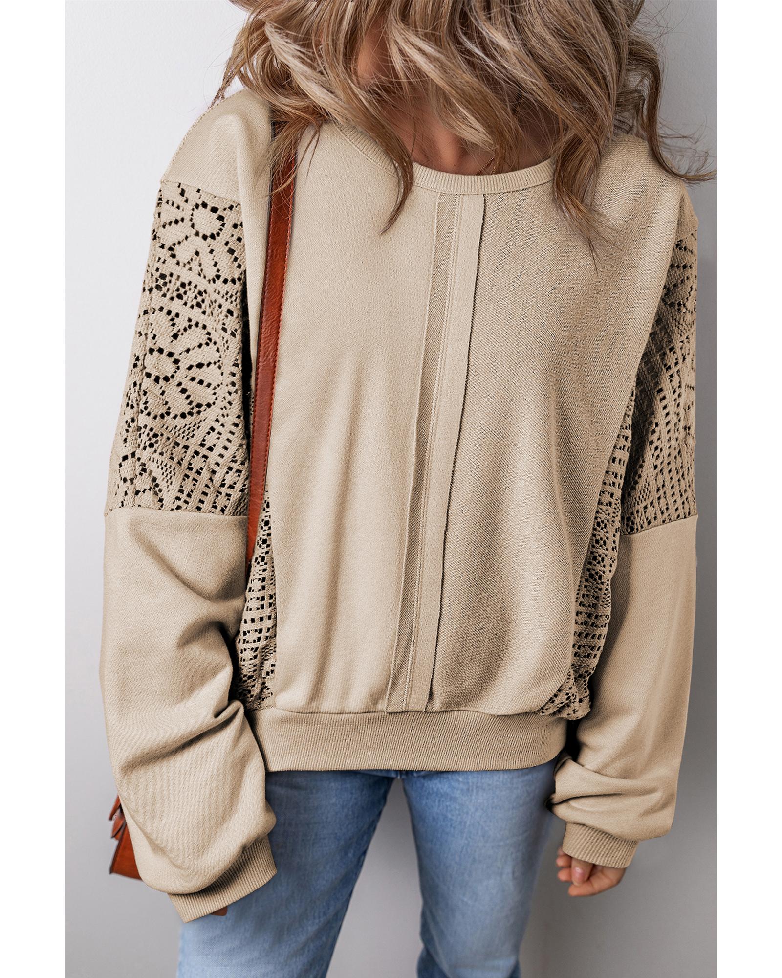 V539-AZEXDC25317565-P6016-S-202506130512-00 Parchment Knit Crochet Exposed Seam Ribbed Trim Sweatshirt - S - Image 1