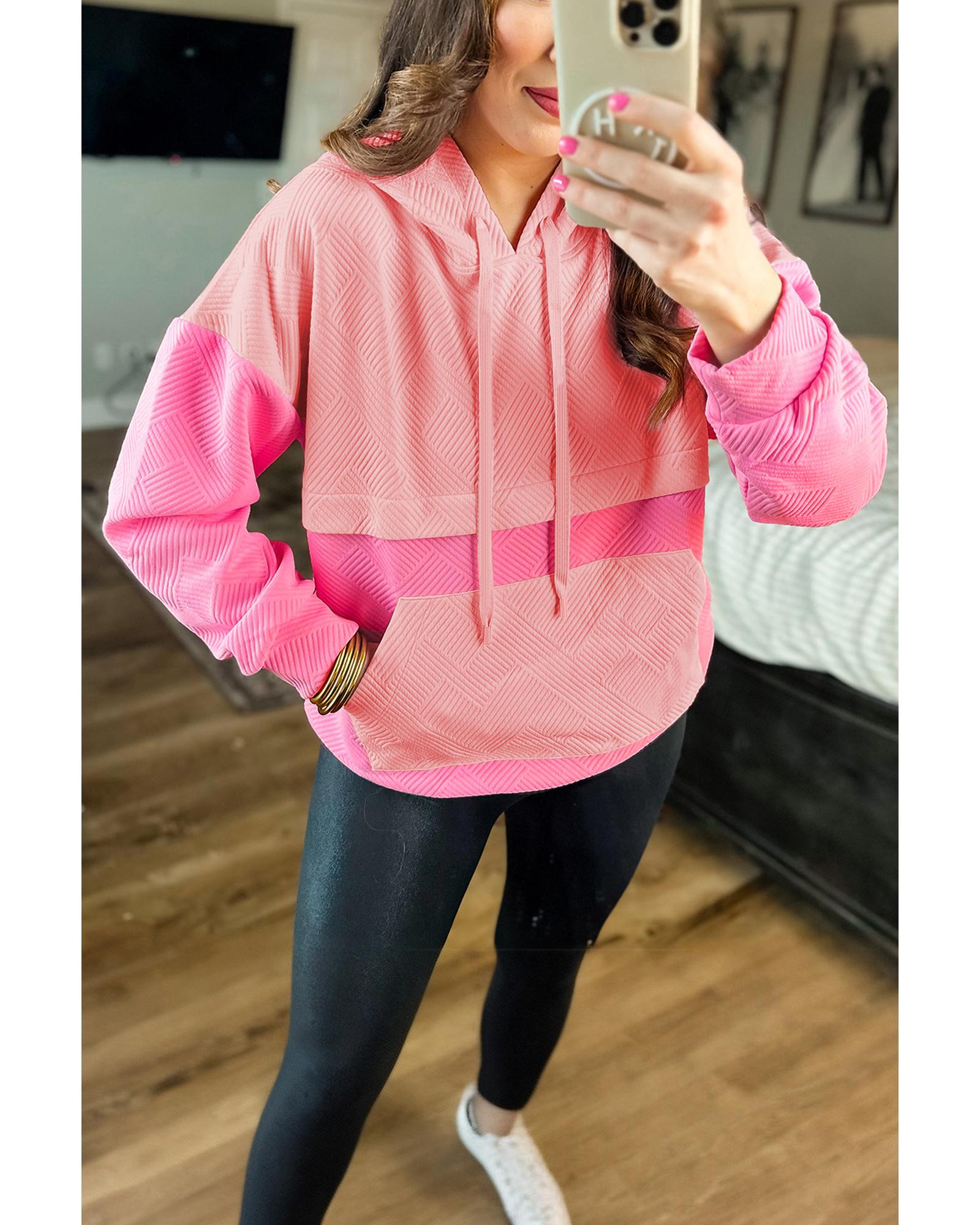 V539-AZEXDC25317609-P10-S-202506130627-00 Pink Textured Color Block Kangaroo Pocket Drop Shoulder Hoodie - S - Image 1