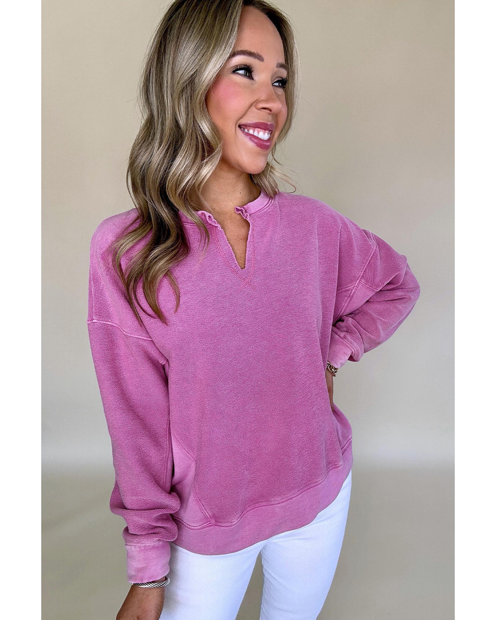 V539-AZEXDC25317697-P106-S-202506130722-00 Bright Pink Solid Color Notched Neck Drop Shoulder Sweatshirt - S - Image 1