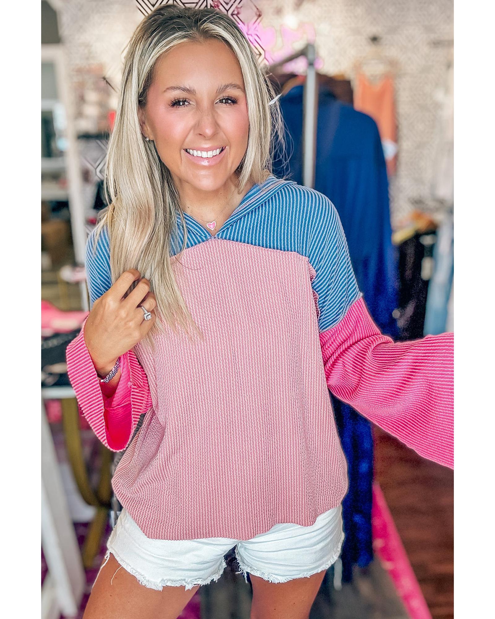 V539-AZEXDC25317723-P1022-M-202508281740-00 Pink Color Block Patchwork Corded Knit Loose Fit Hooded Blouse - M - Image 1