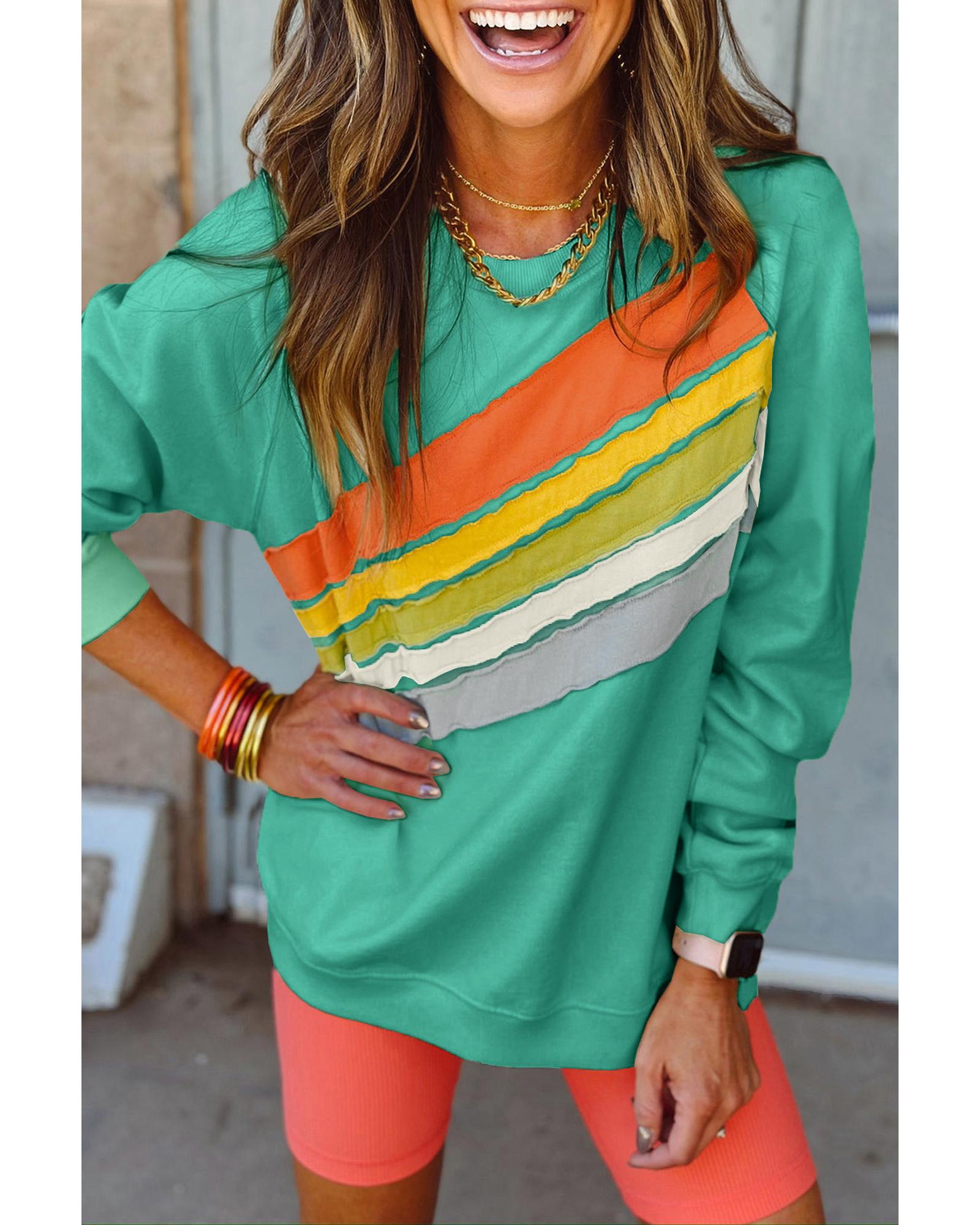 V539-AZEXDC25317732-P1009-XL-202508281625-00 Mint Green Rainbow Colorblock Striped Pullover Sweatshirt - XL - Image 1