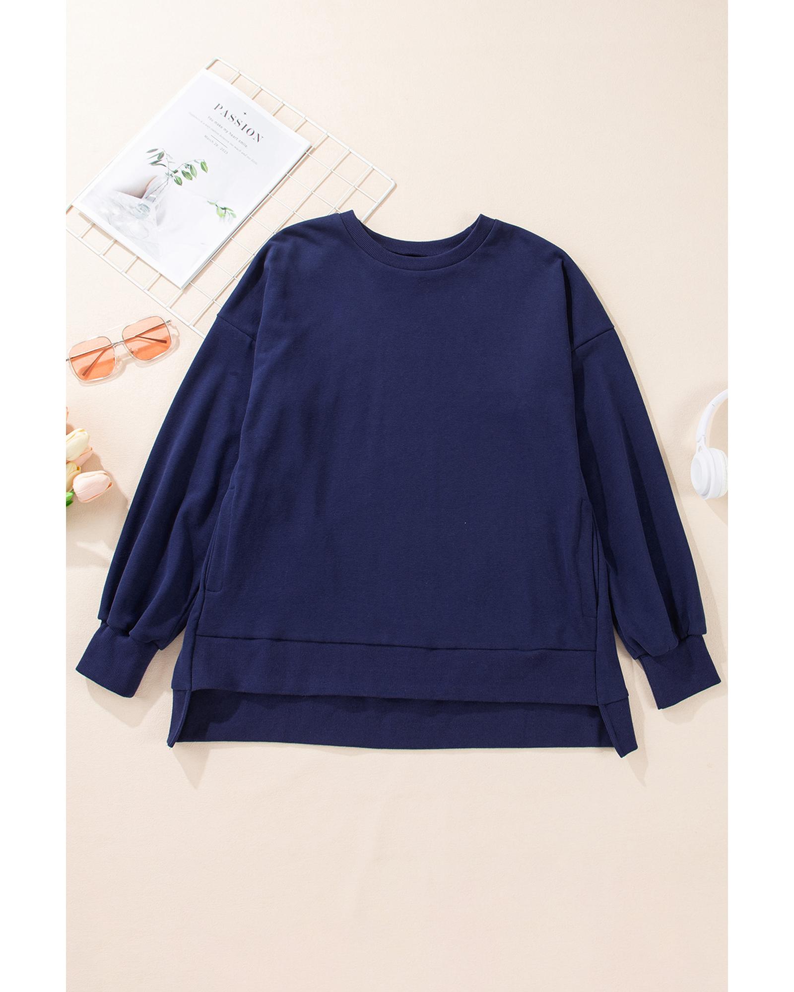 V539-AZEXDC25317830-P605-XL-202508291445-00 Navy Blue Solid O Neck High Low Hem Pullover Sweatshirt - XL - Image 1