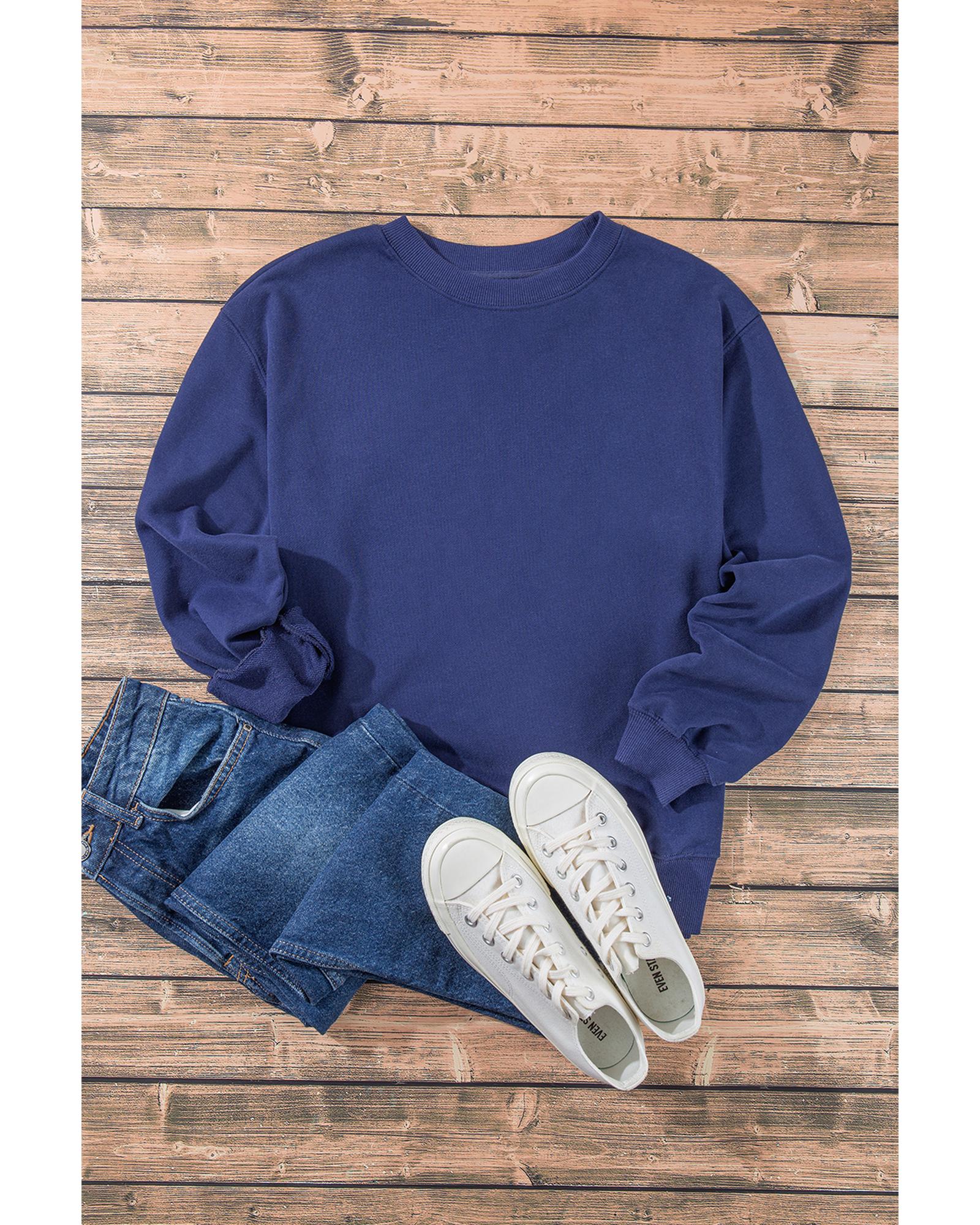 V539-AZEXDC25317836-P605-S-202506130507-00 Navy Blue Plain Drop Shoulder Crewneck Pullover Sweatshirt - S - Image 1