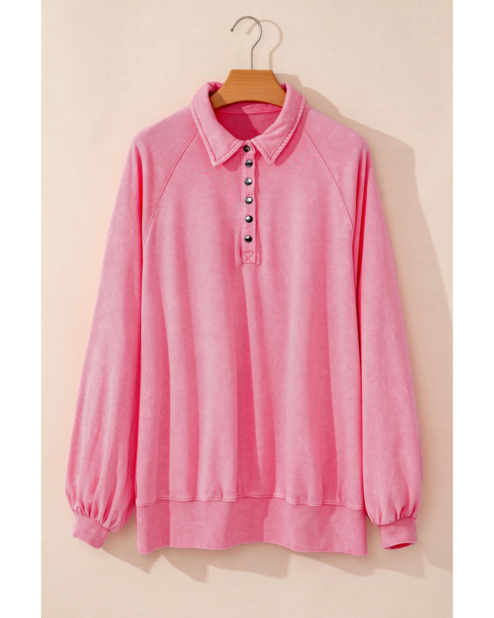 V539-AZEXDC25317887-10-M-202508270610-00 Pink Solid Snap Buttons Collared Balloon Sleeve Oversized Sweatshirt - M - Image 1