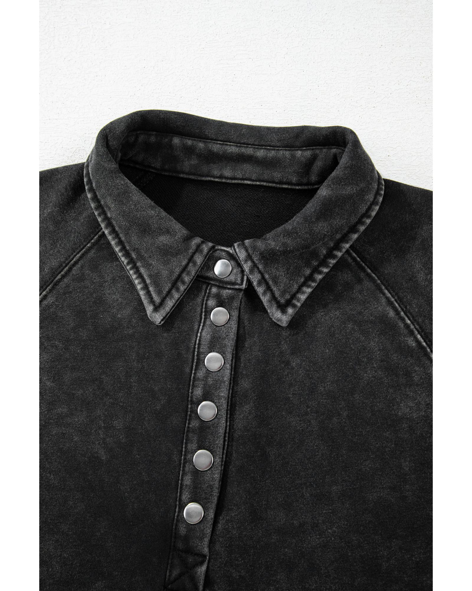 V539-AZEXDC25317887-2-S-202506130607-00 Black Solid Snap Buttons Collared Balloon Sleeve Oversized Sweatshirt - S - Image 1