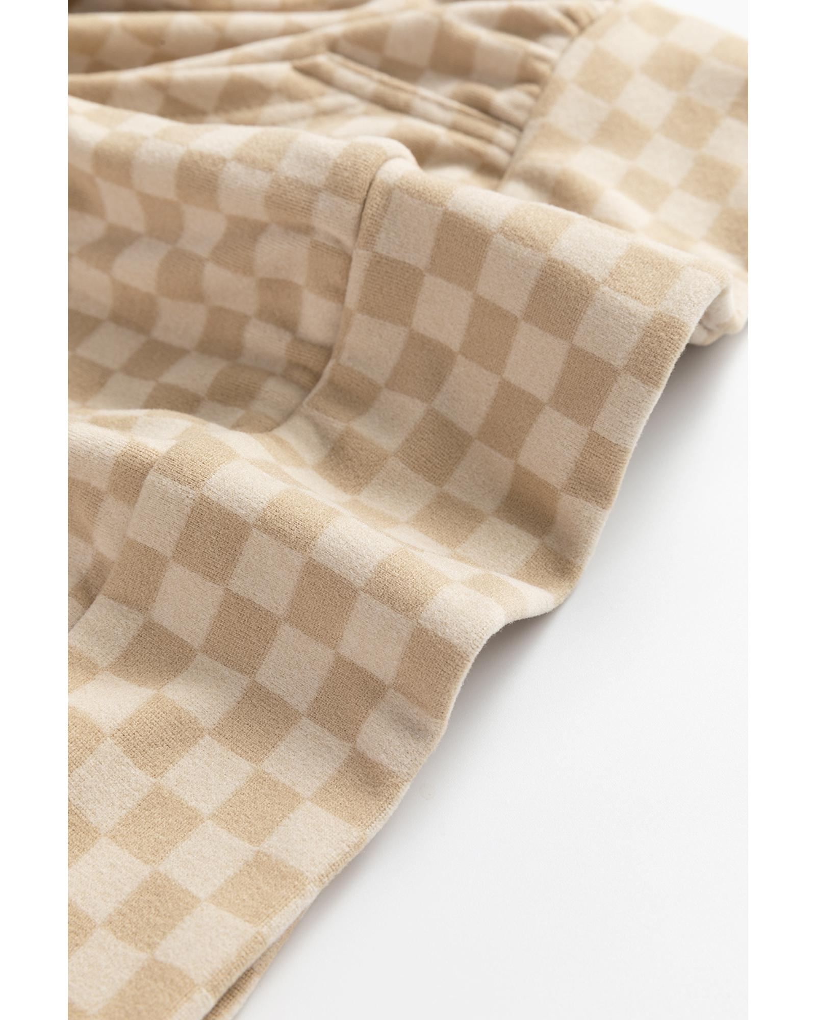 V539-AZEXDC25317952-P1620-S-202506130635-00 Khaki Checkered Print Kangaroo Pocket Drawstring Hoodie - S - Image 1