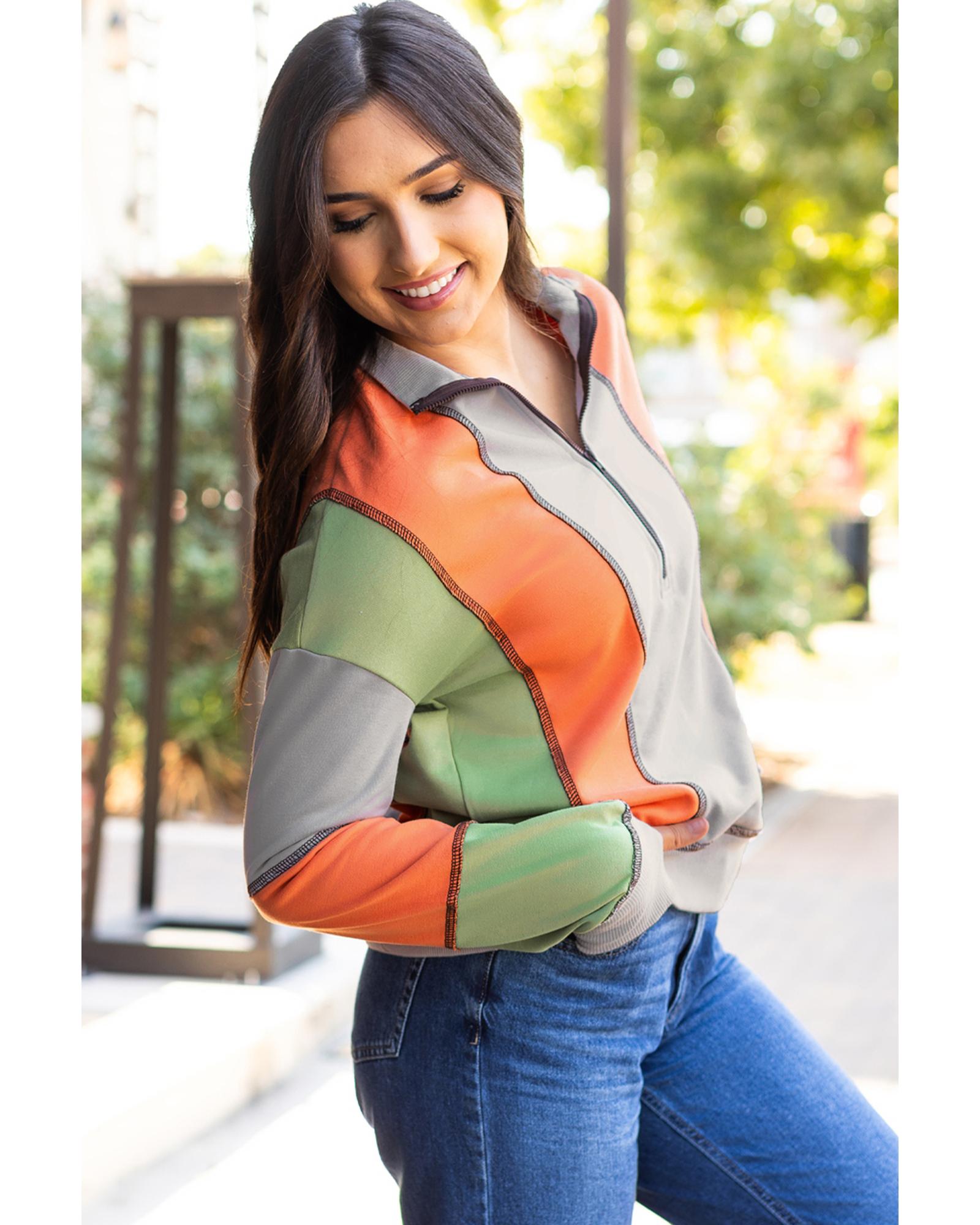 V539-AZEXDC25318148-P1011-2XL-202508280550-00 Light Grey Color Block Stitching Detail Half Zipper Sweatshirt - 2XL - Image 1