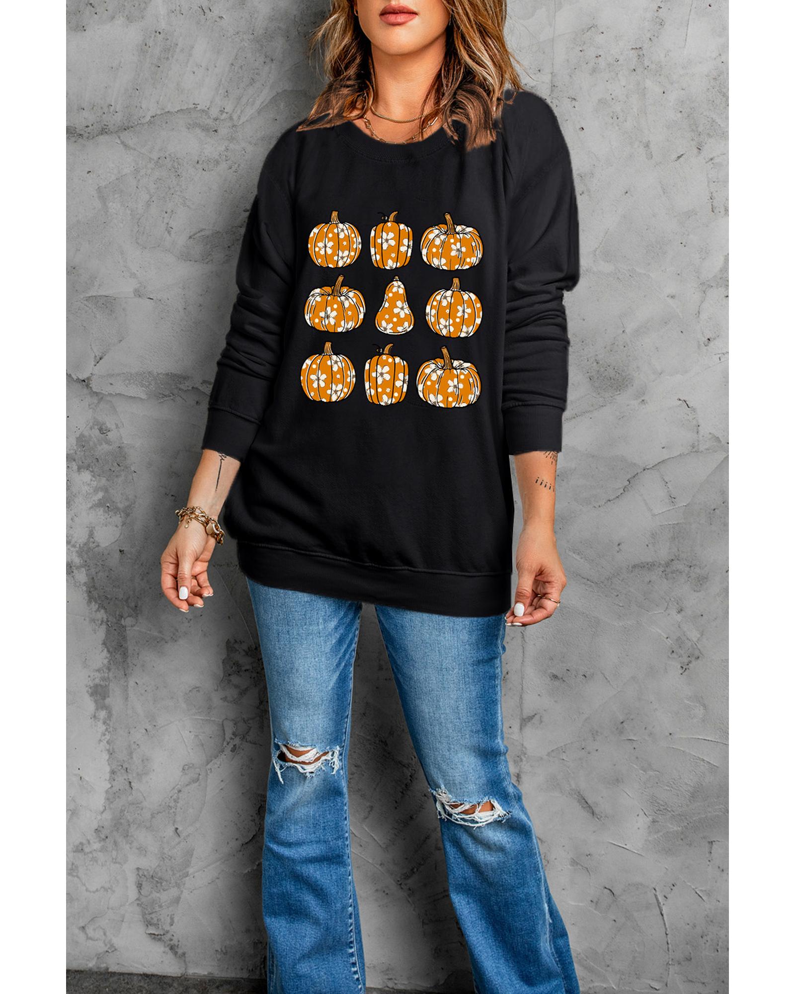 V539-AZEXDC25318157-2-S-202506130222-00 Black Floral Pumpkin Graphic Round Neck Halloween Sweatshirt - S - Image 1