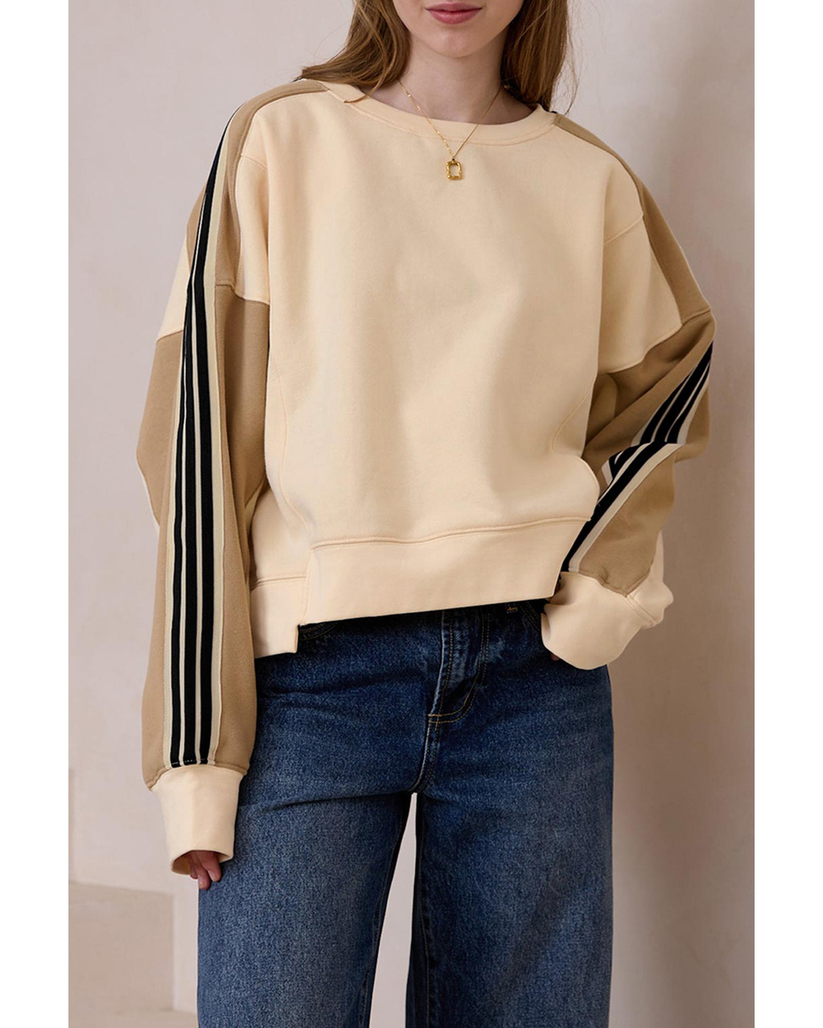V539-AZEXDC25318183-P15-S-202506130235-00 Beige Contrast Striped Patchwork Drop Shoulder Loose Sweatshirt - S - Image 1