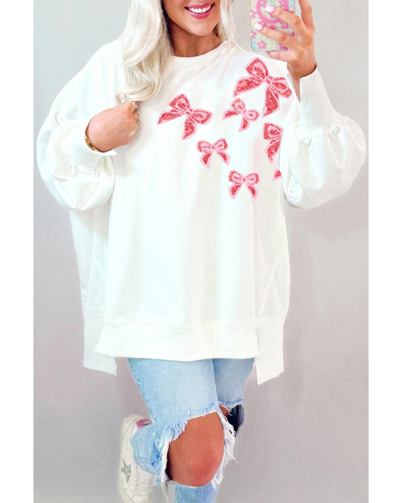 V539-AZEXDC25318217-P1-S-202506130305-00 White Sequin Bowknot High Low Oversize Sweatshirt - S - Image 1