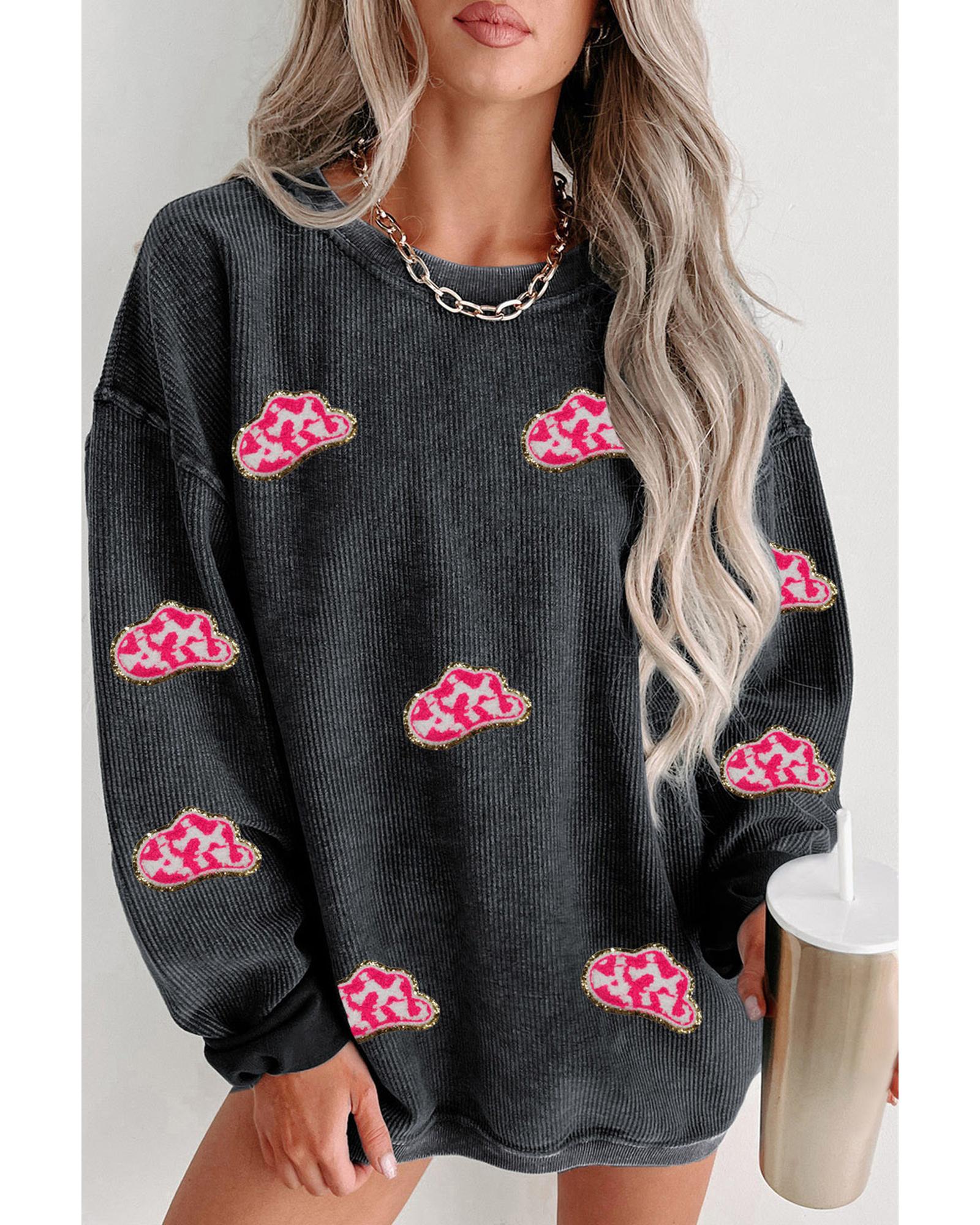 V539-AZEXDC25318349-2-XL-202508300000-00 Black Glittering Cowboy Hat Patched Corded Pullover Sweatshirt - XL - Image 1