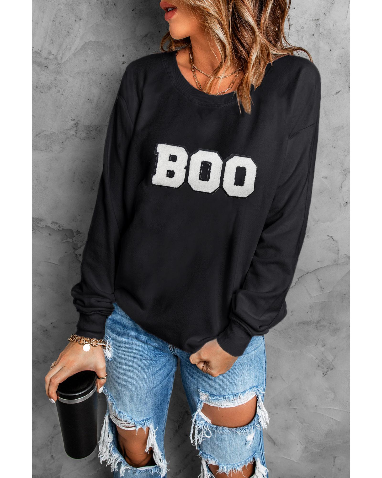 V539-AZEXDC25318352-2-S-202506130416-00 Black Chenille BOO Patched Pattern Crewneck Halloween Sweatshirt - S - Image 1