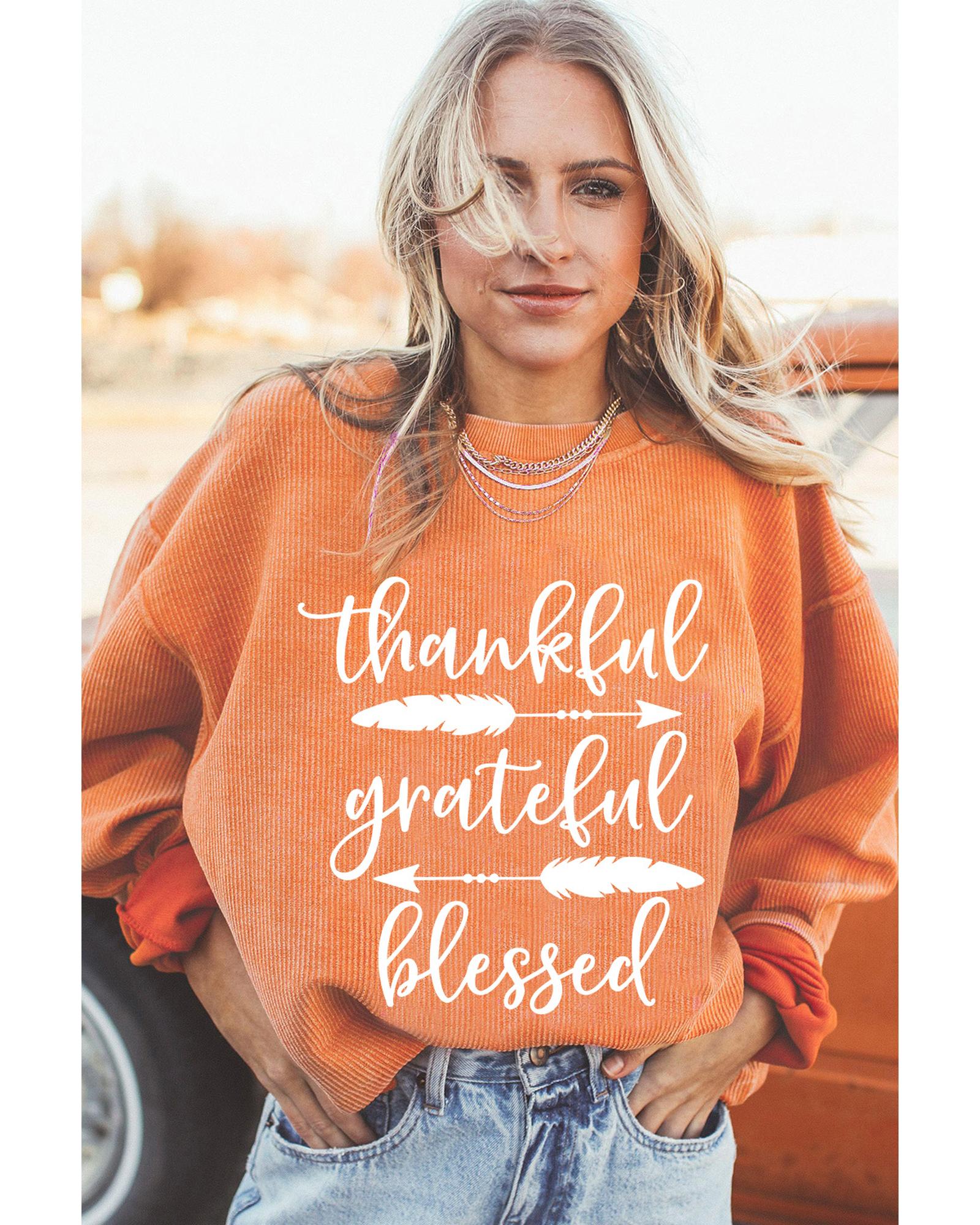 V539-AZEXDC25318365-2014-M-202508281930-00 Orange thankful grateful blessed Arrow Graphic Corded Sweatshirt - M - Image 1